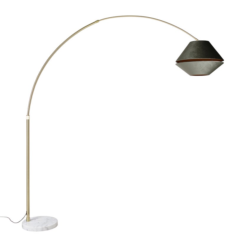 Mosiężna lampa łukowa z białym i podwójnym aksamitnym abażurem zielonym - XXL