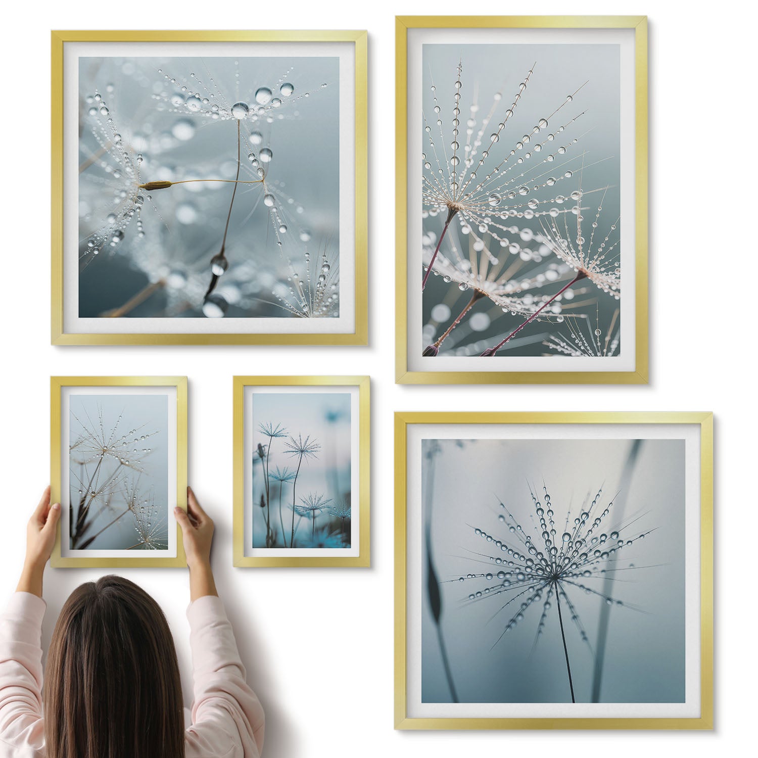 Galeria ścienna 5-częściowy komplet obrazów w złotych ramach - Krople wody na roślinach w minimalistycznym stylu - ArtPrintCave