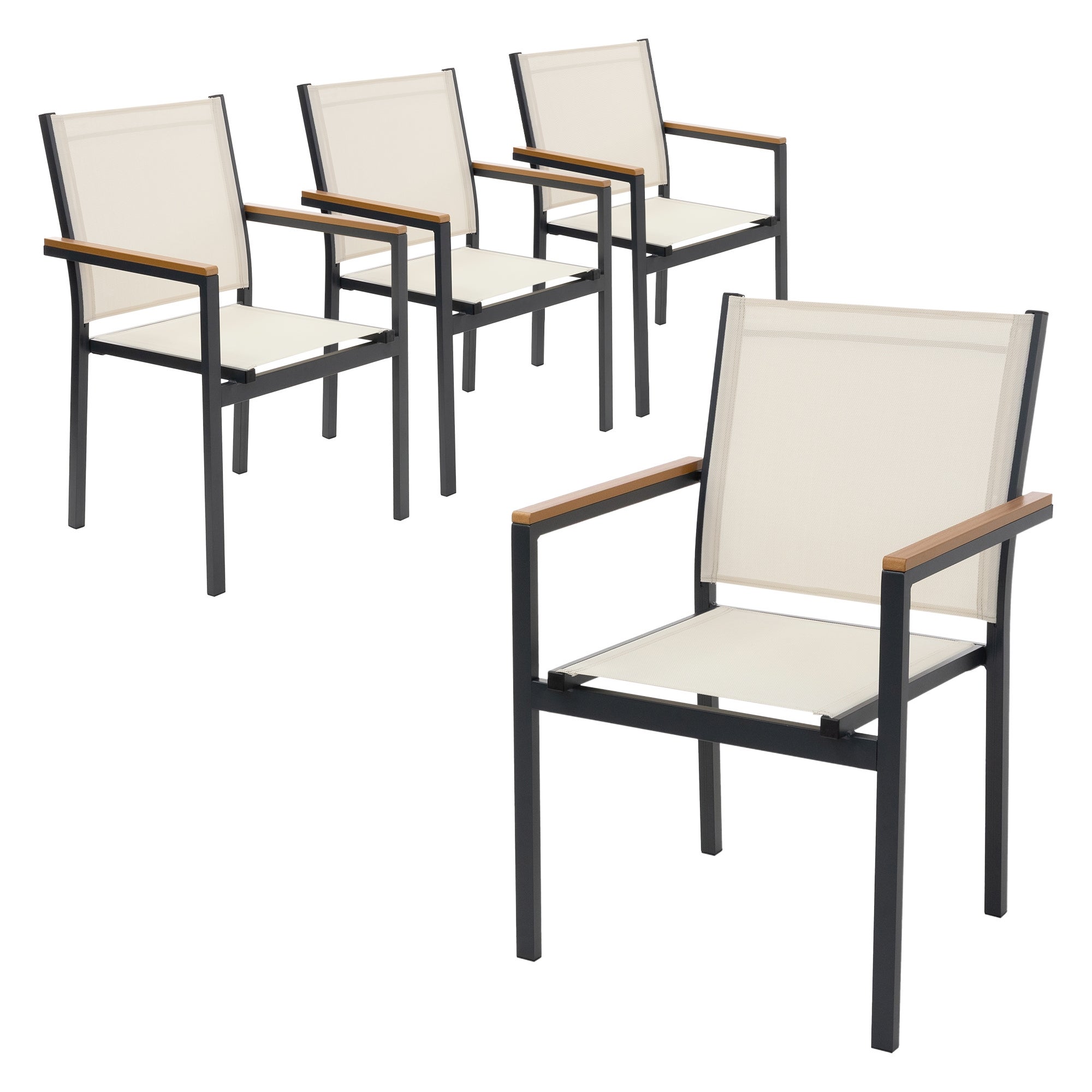 ML-Design krzesła ogrodowe balkonowe tarasowe 4 szt Imitacja drewna beżowy tekstylen oddychający rama aluminiowa odporne na warunki atmosferyczne