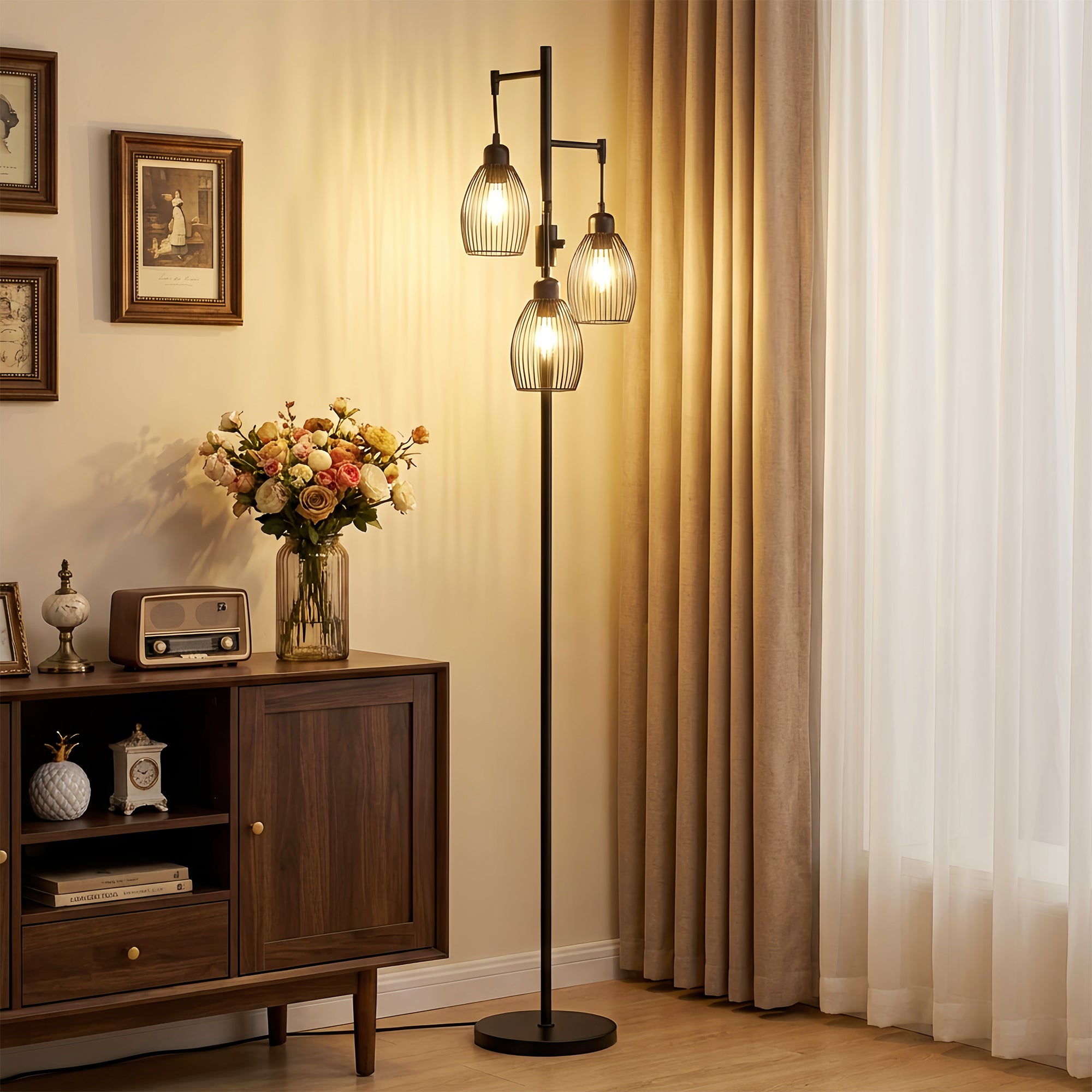 Lampa podłogowa przemysłowa z 3 kloszami i regulowanym ściemniaczem, wykonana ze stali, 30 x 30 x 170,5 cm, czarna