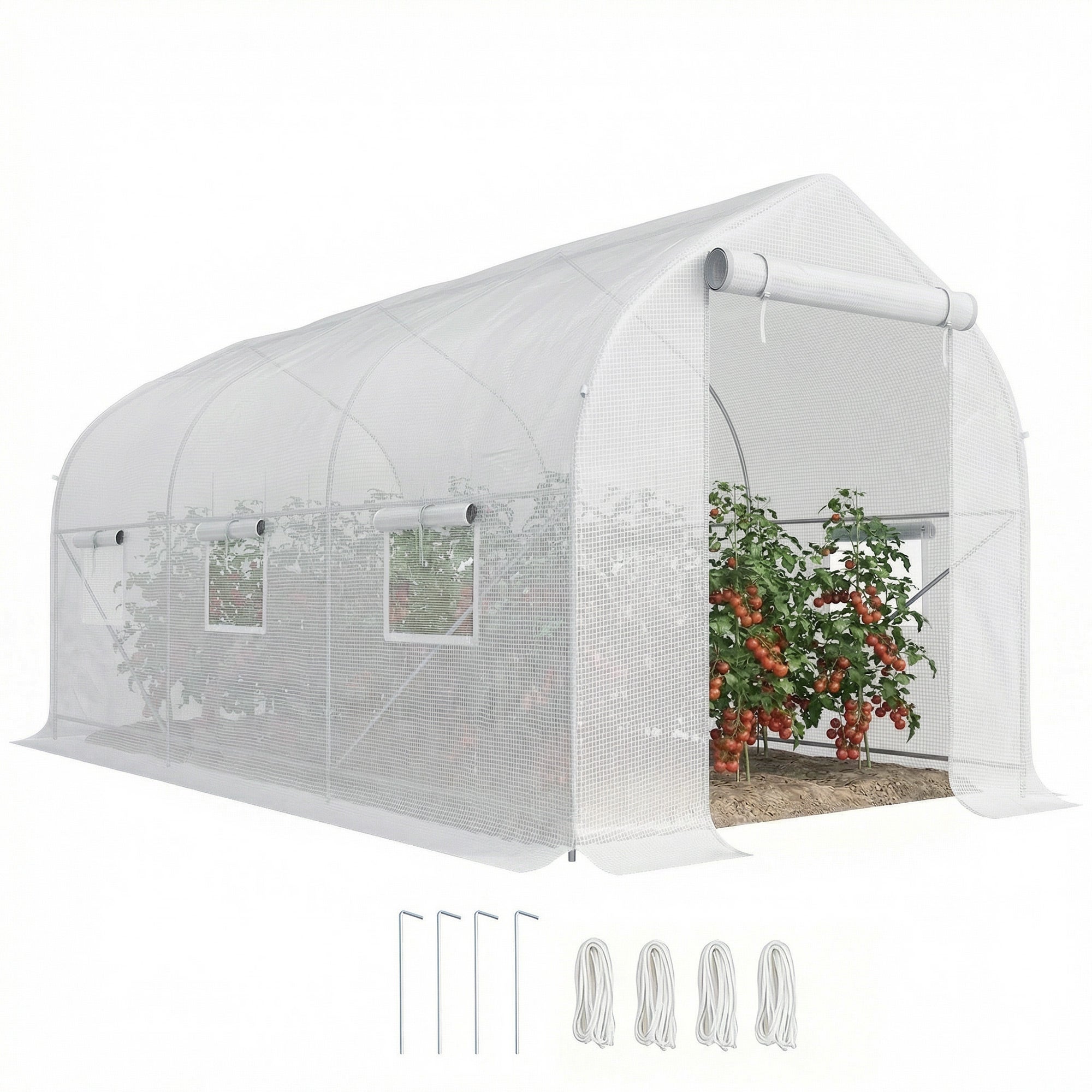 ogrógł. szklarnia tunelowa 8m², ogrógł. szklarnia tunelowa z 2 drzwi i 6 okna, 140g/m² PE tarpaulin, 400x200x200cm biały