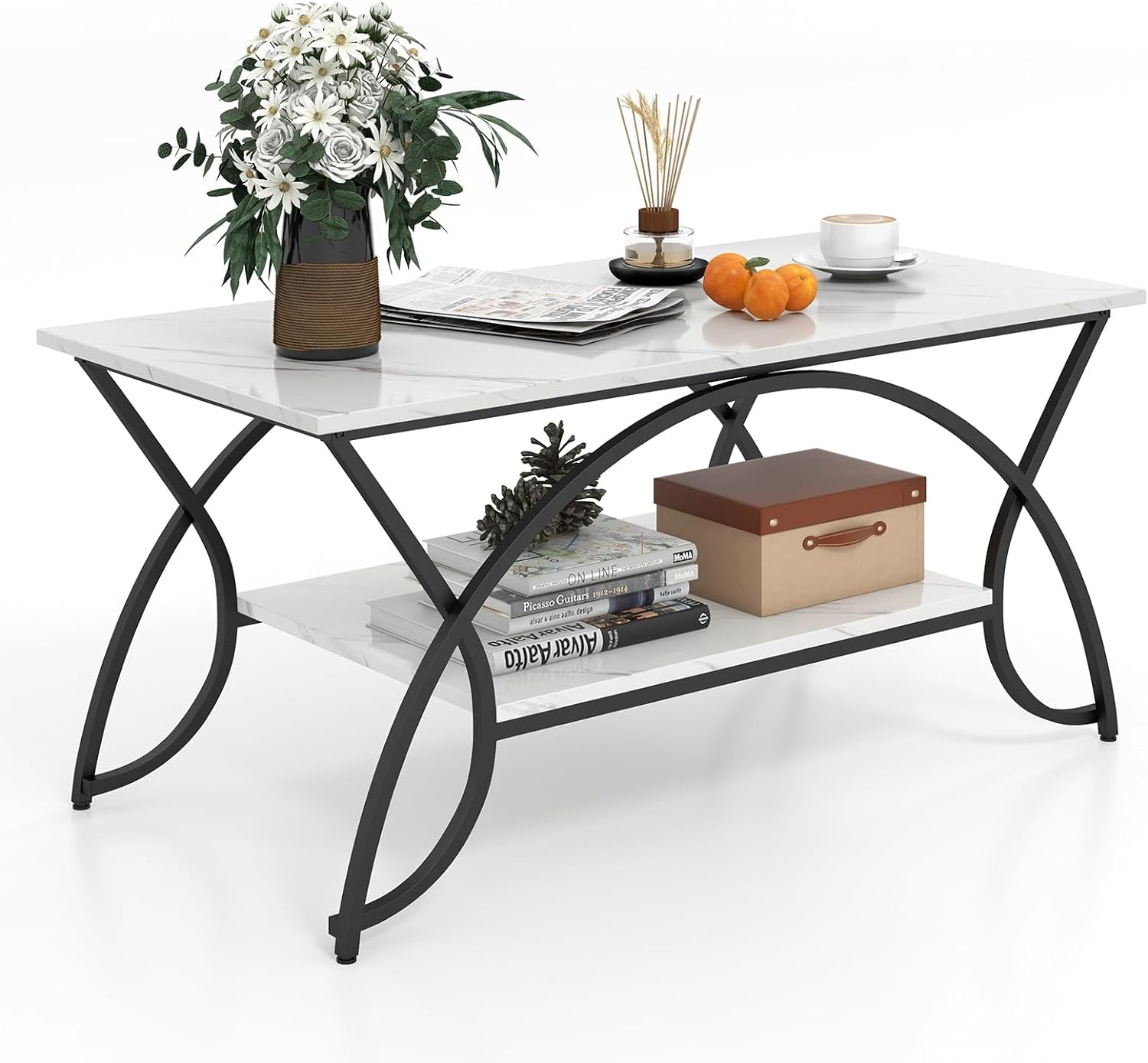 Dwupoziomowy stolik kawowy z marmuru, prostokątny stolik kawowy do salonu, 100 x 50 x 45 cm (czarny marmur)