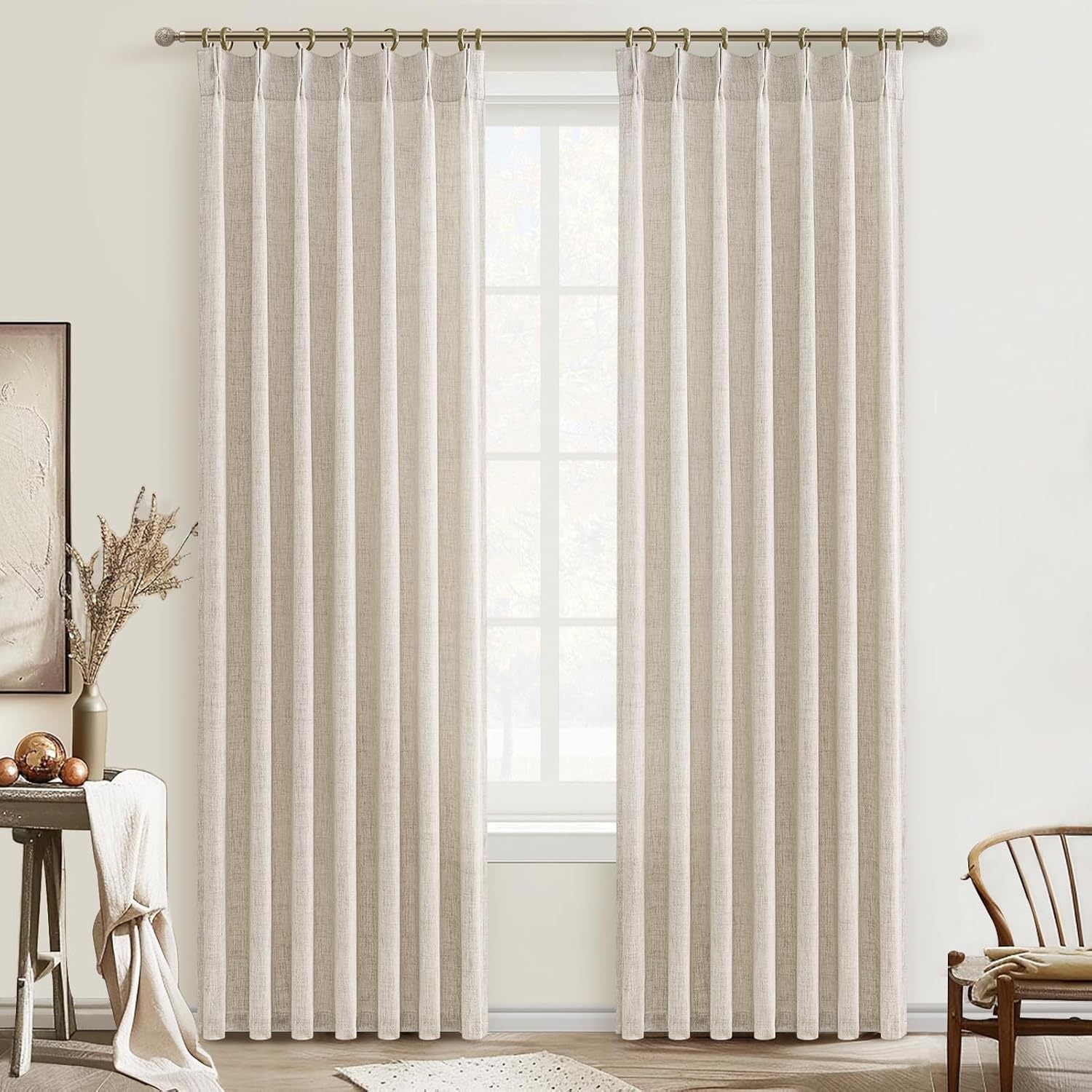 Zestaw zasłon lnianych (2 panele) – Półprzezroczyste – Naturalne fałdy – (Kolor naturalny, 106 x 244 cm) – Styl bohemy