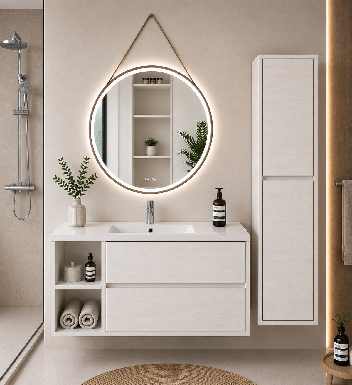 Szafka łazienkowa z umywalką ORIGENBATH ZEUS bez lustra 90x40 cm Lewa strona biały nordycki z kolumną