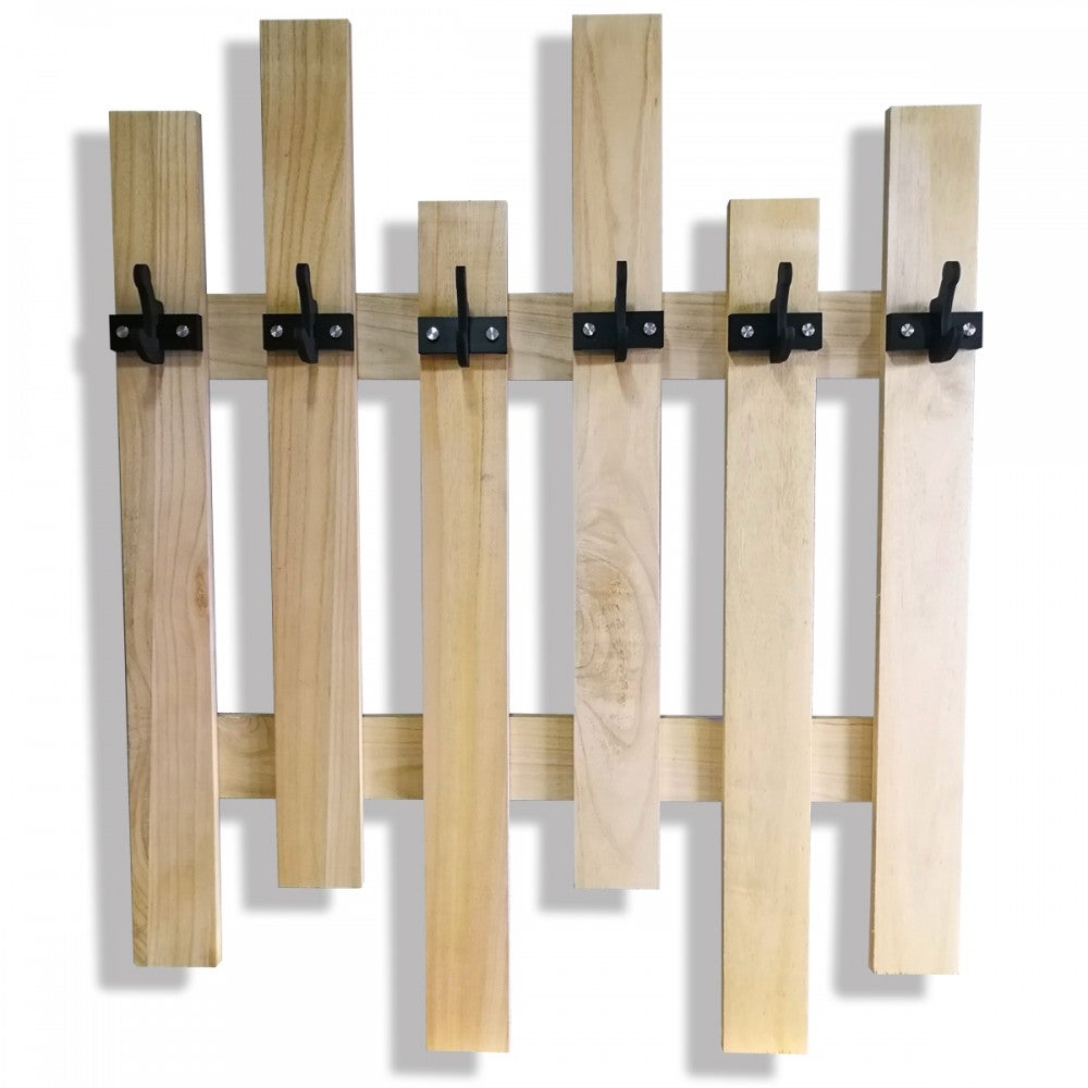 WIESZAK NA UBRANIA z drewna naturalnego szlifowanego z czarnymi haczykami z tworzywa PVC, wymiary 98x121 cm