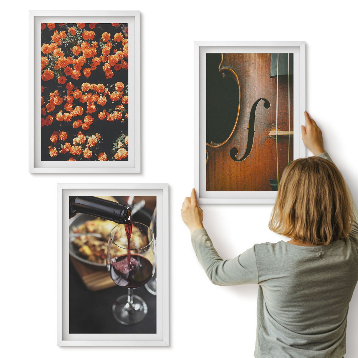Galeria ścienna 3-częściowy komplet obrazów w białych ramach - Vintage romantyczne kwiaty wino i skrzypce - ArtPrintCave