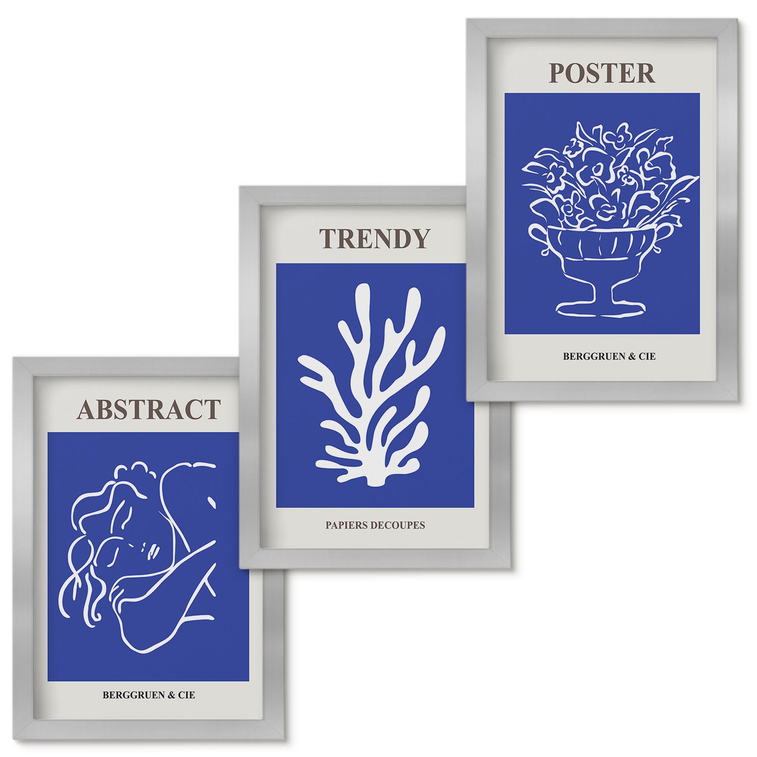 Zestaw obrazów w ramie - 3 części | Stylowe niebieskie postery Henri Matisse | Srebrna ramka