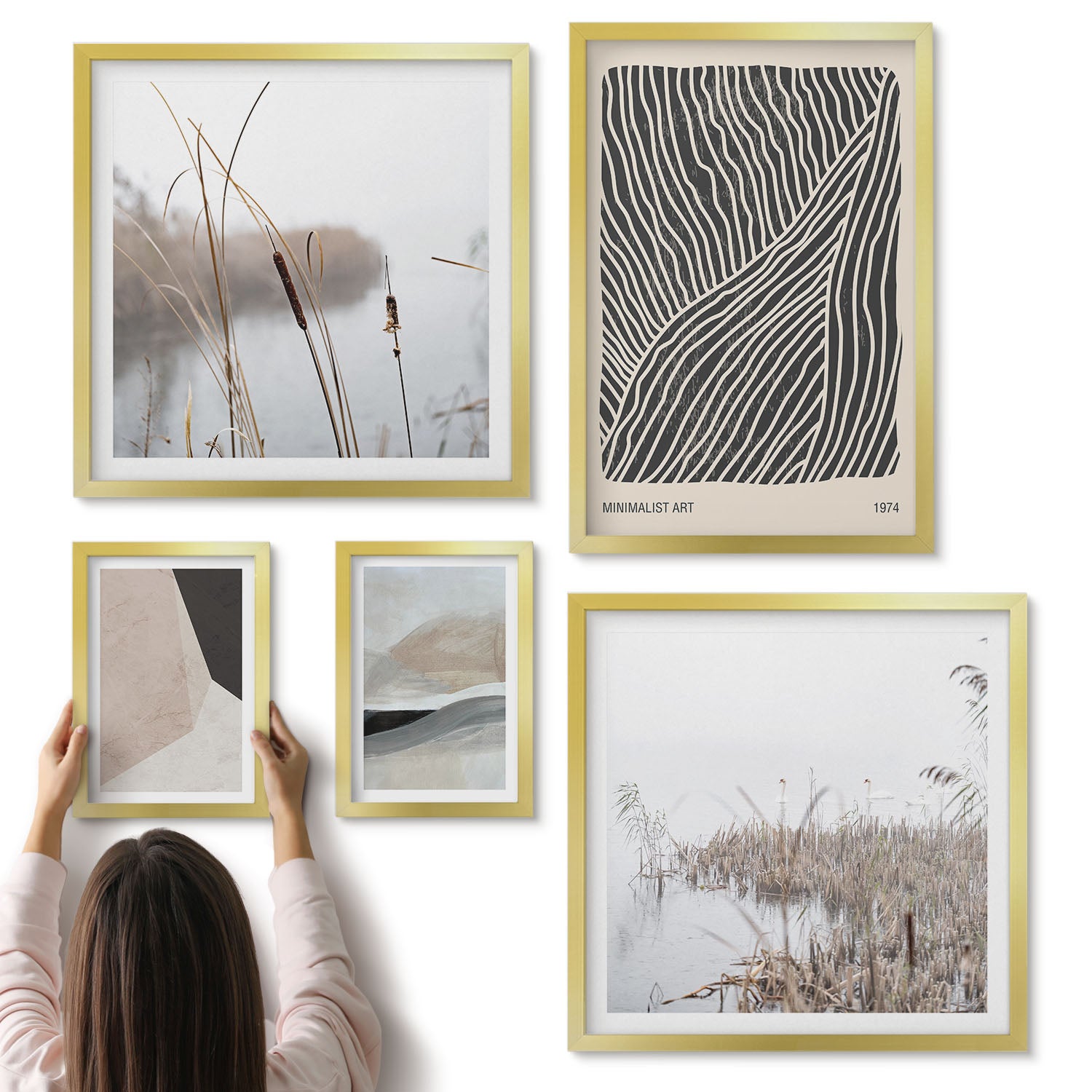 Galeria ścienna 5-częściowy komplet obrazów w złotych ramach - Minimalistyczna sztuka z motywami natury i abstrakcji - ArtPrintCave