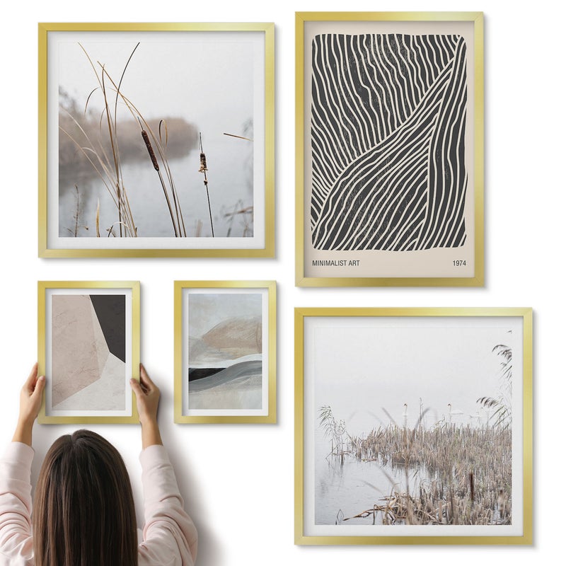 Galeria ścienna 5-częściowy komplet obrazów w złotych ramach - Minimalistyczna sztuka z motywami natury i abstrakcji - ArtPrintCave