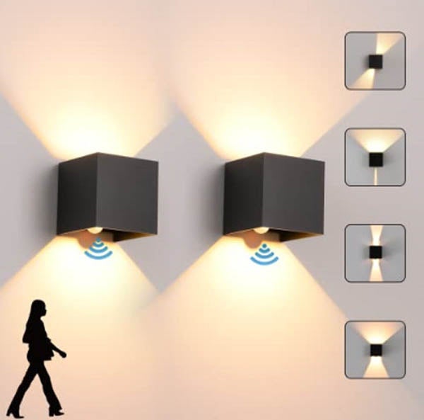 2 sztuki lampy LED ściennej z czujnikiem ruchu, 12 W, lampa ścienna, lampy zewnętrzne wodoodporne IP65, ciepła biel, czarna.
