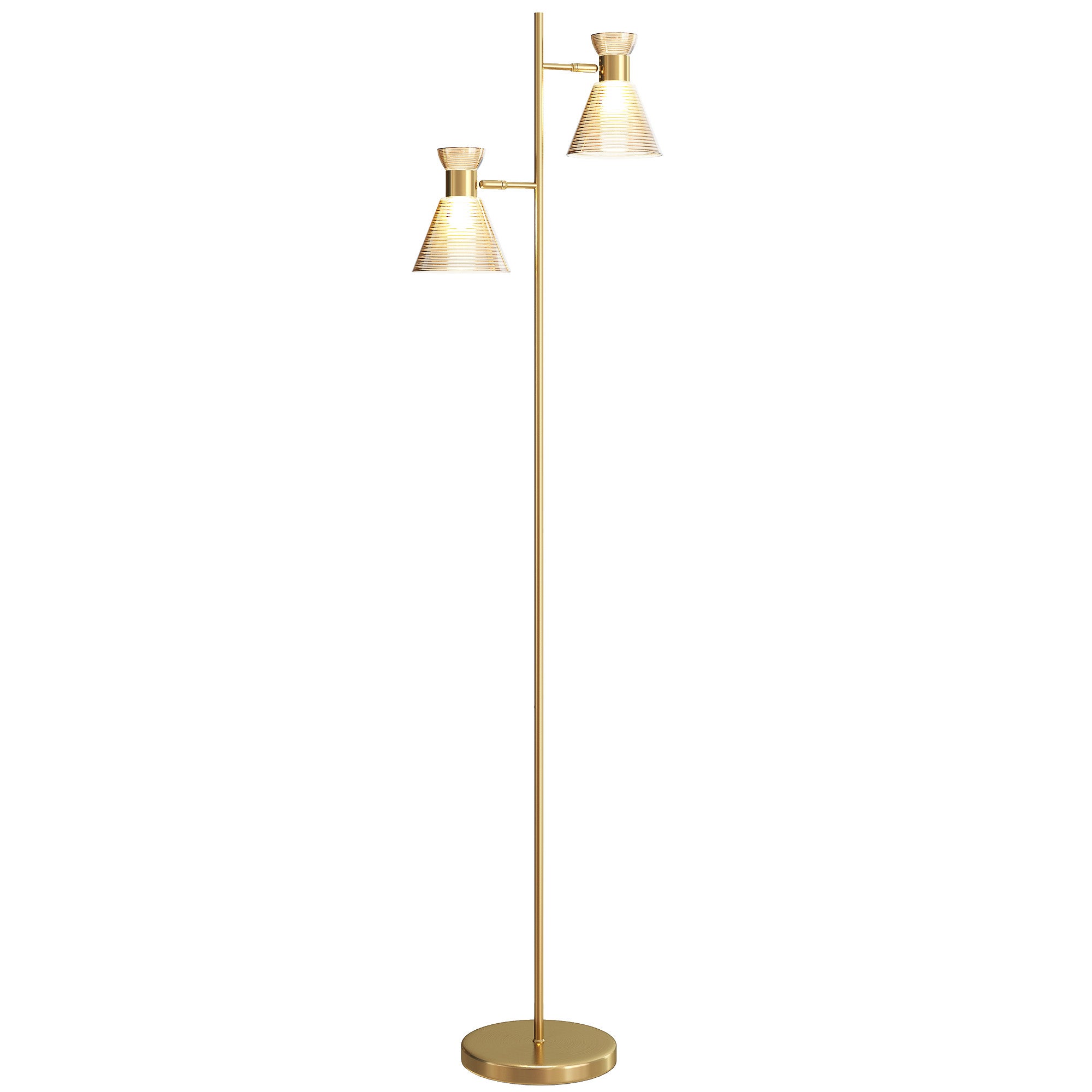 Regulowana lampa podłogowa dwugłowicowa do salonu, lampa podłogowa, klosz szklany z motywem kwiatowym, 42 x 25 x 165 cm, kolor złoty