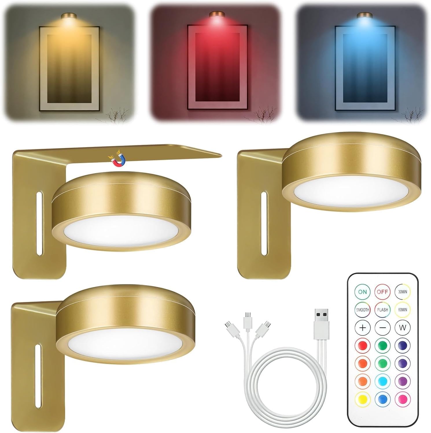Zestaw 3 bezprzewodowych lampek LED do obrazów – RGB 13 kolorów – ładowane przez USB z pilotem – idealne do gablot i kuchni