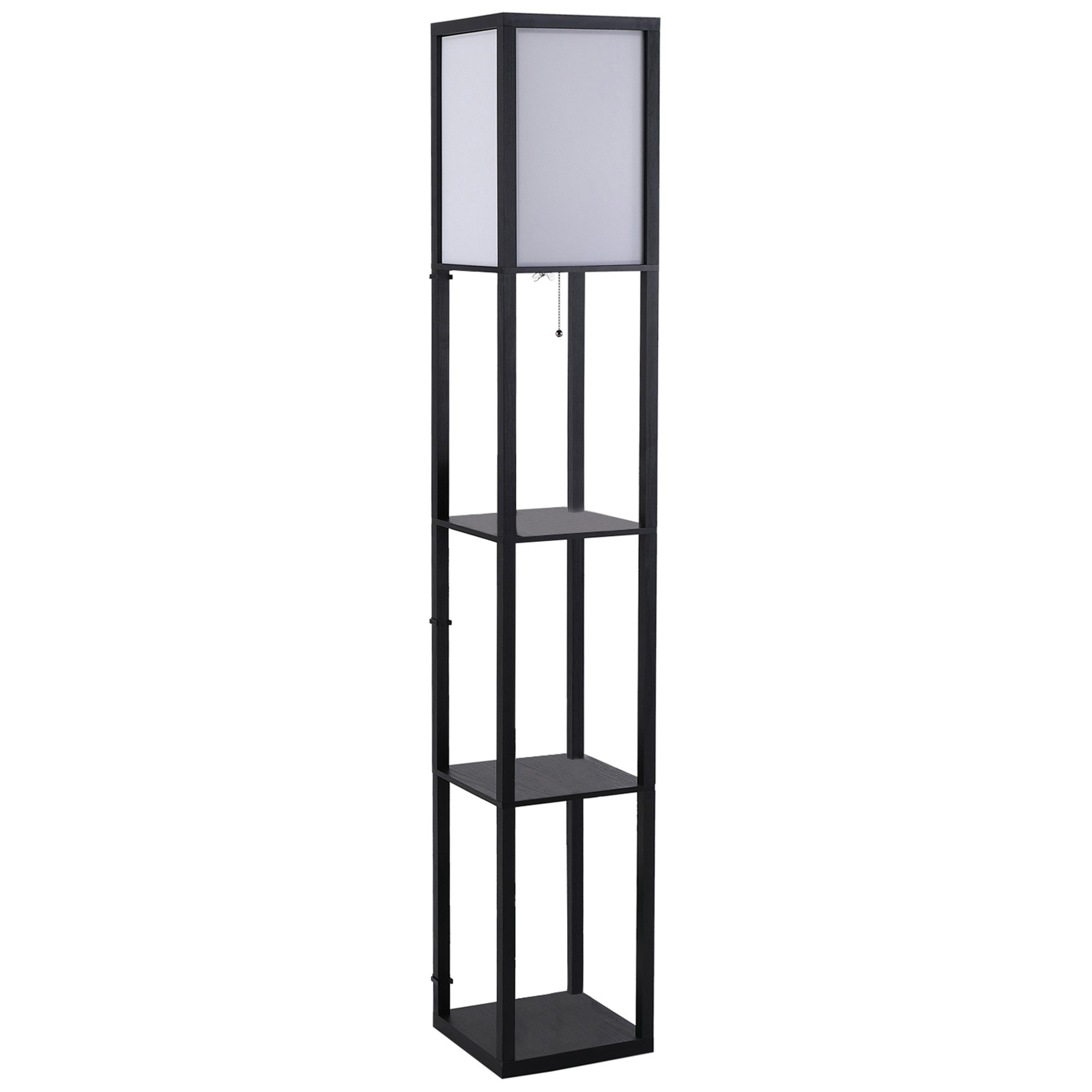 Lampa podłogowa z półkami, czarne drewno lampa stojąca, oświetlenie wewnętrzne E27 40W bez żarówki do salonu i sypialni, 26x26x160 cm