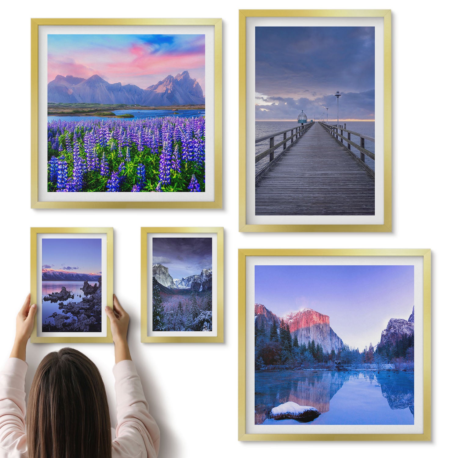Galeria ścienna 5-częściowy komplet obrazów w złotych ramach - Krajobrazy górskie i nadmorskie z malowniczymi widokami - ArtPrintCave