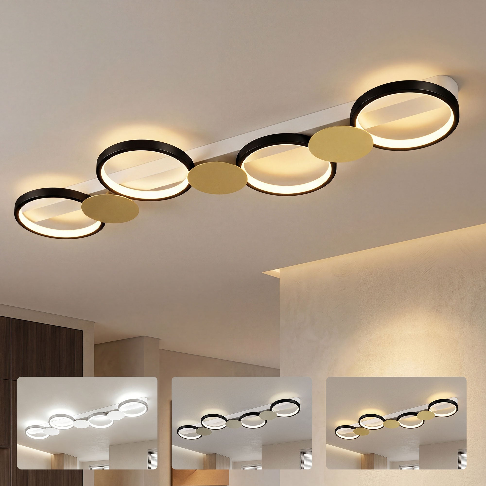 Lampa sufitowa LED 38W, 4-punktowa oprawa sufitowa do montażu wpuszczanego, pilot zdalnego sterowania, 100 x 31 x 7 cm, kolor złoty i czarny