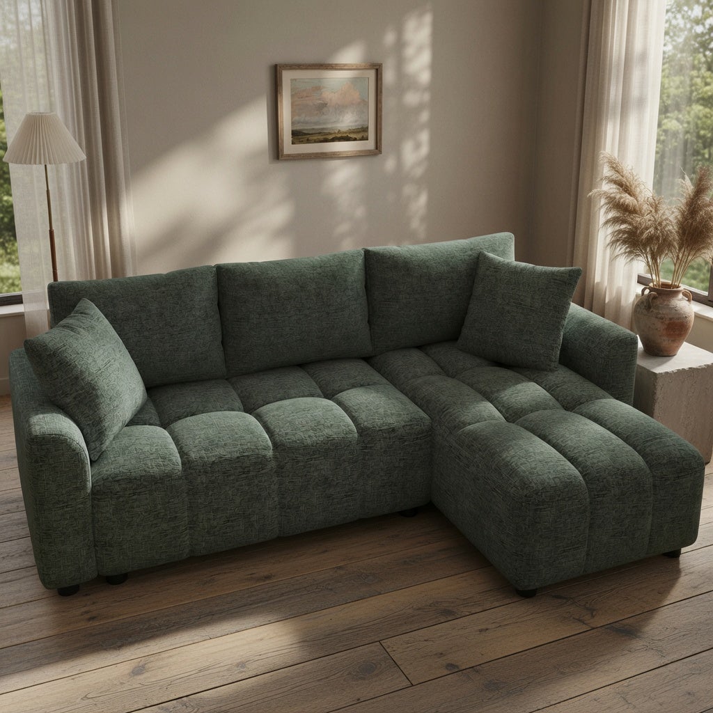 Trzyosobowa sofa, modułowa sofa narożna w kształcie litery L, tkanina szenilowa, z 2 poduszkami dekoracyjnymi, zielona