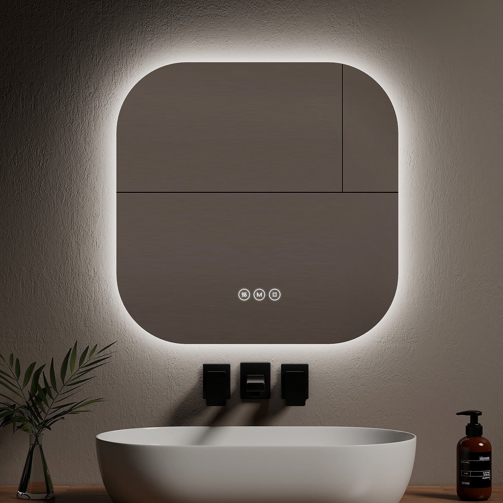EMKE Lustro łazienkowe z oświetleniem LED 60x60 cm, z 3 barwy światła, możliwość ściemniania, przeciwmgielne, funkcja pamięci, bezramowe