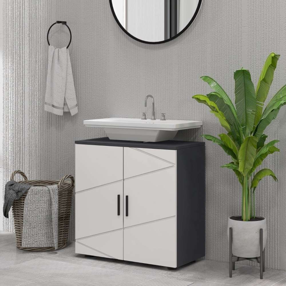 Szara szafka pod zlew, regulowana półka, zabezpieczenie przed przewróceniem, w kształcie litery U, 60x30x60 cm – podwójne drzwi, solidna konstrukcja