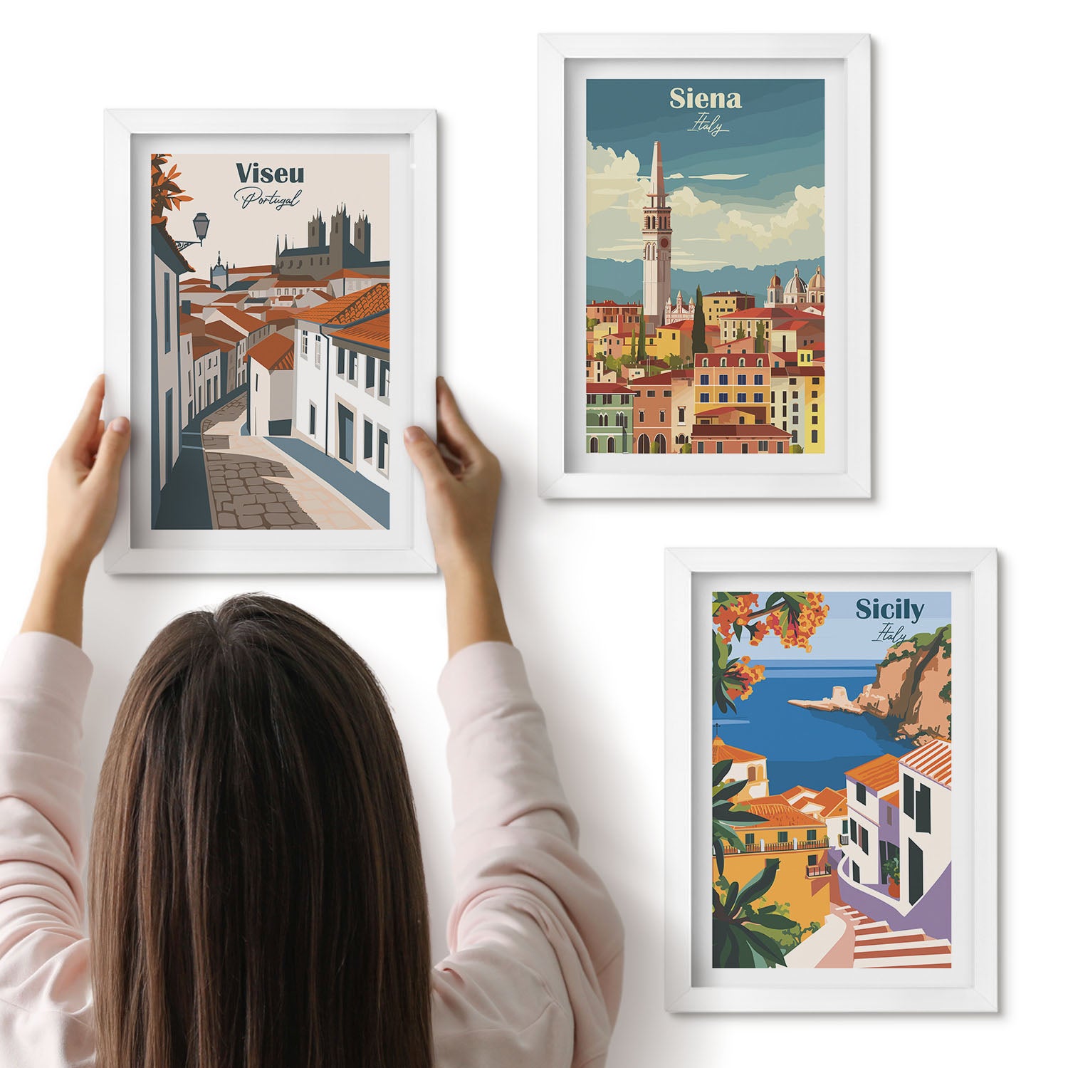Galeria ścienna 3-częściowy komplet obrazów w białych ramach - Retro ilustracje znanych miast świata - ArtPrintCave