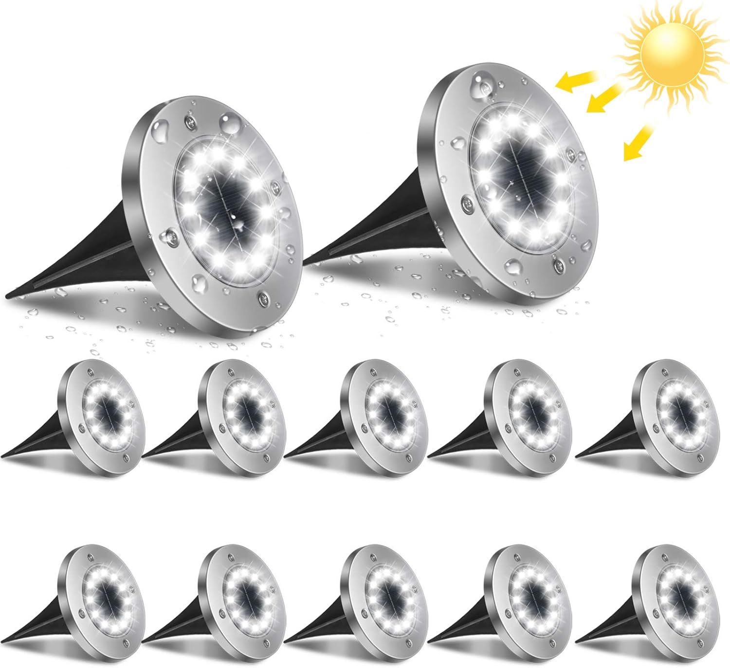12 zewnętrznych lamp solarnych LED, każda o mocy 4 W; 12 wpuszczanych reflektorów ogrodowych, wodoodpornych IP44, 6000 K, odpowiednich do ścieżek, tar