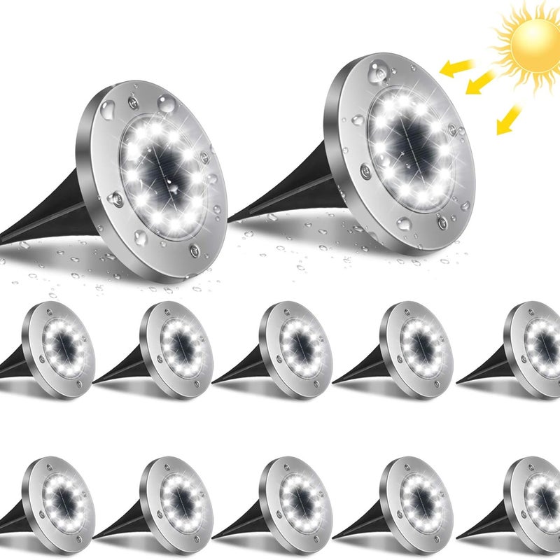12 zewnętrznych lamp solarnych LED, każda o mocy 4 W; 12 wpuszczanych reflektorów ogrodowych, wodoodpornych IP44, 6000 K, odpowiednich do ścieżek, tar