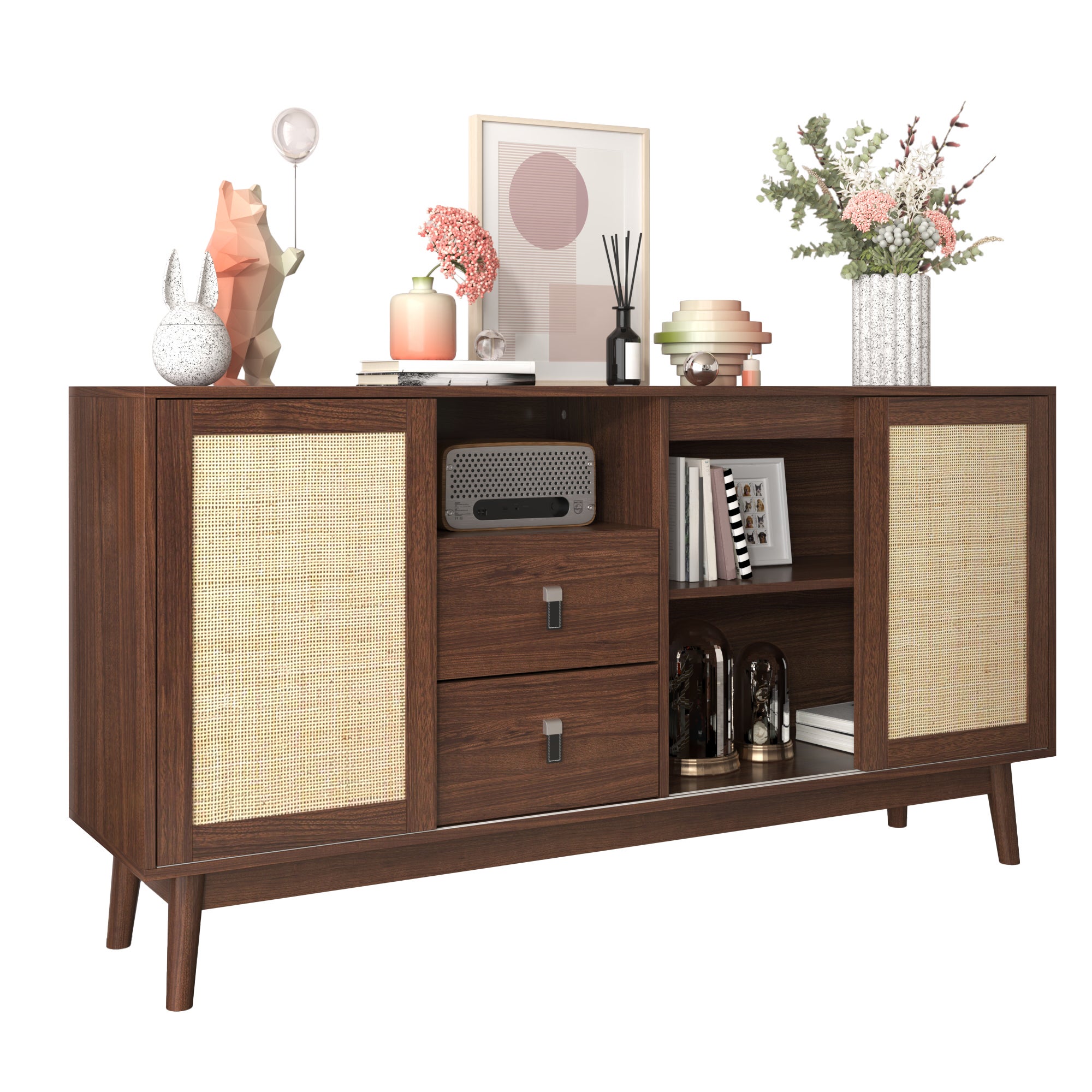 Komoda do przechowywania 155 x 38 x 80 cm, z oświetleniem LED, z miejscem do przechowywania, drewno, MDF, aluminium, skóra oraz rattan