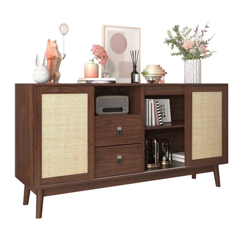 Komoda do przechowywania 155 x 38 x 80 cm, z oświetleniem LED, z miejscem do przechowywania, drewno, MDF, aluminium, skóra oraz rattan