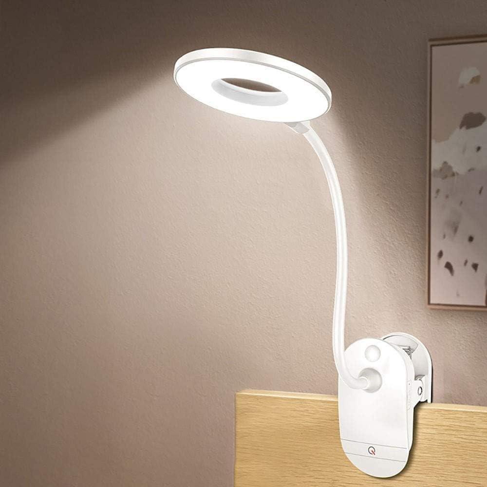 Lampka do czytania z klipsem, zasilana bateriami, do łóżka, z 3 poziomami jasności, ładowana przez USB
