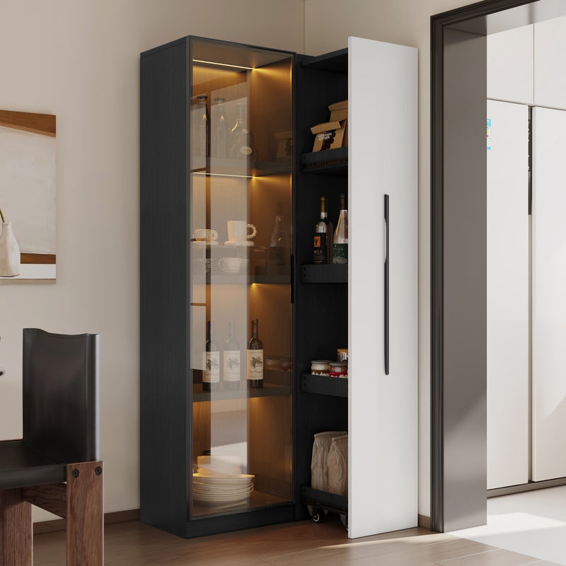 Witryna mobilna 70x40x160 cm - Regał - Oświetlenie LED - 1 drzwi ze szkła hartowanego i 1 szuflada - Z kółkami - MDF - Czarno-biały