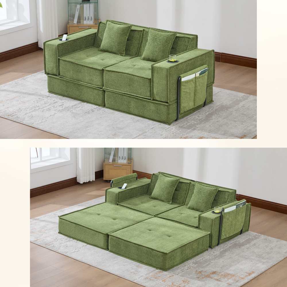 Nowoczesna sofa dwuosobowa z funkcją spania dla 2 osób, wygodne poduszki, ozdobny puf z bocznym schowkiem i uchwytami na kubki