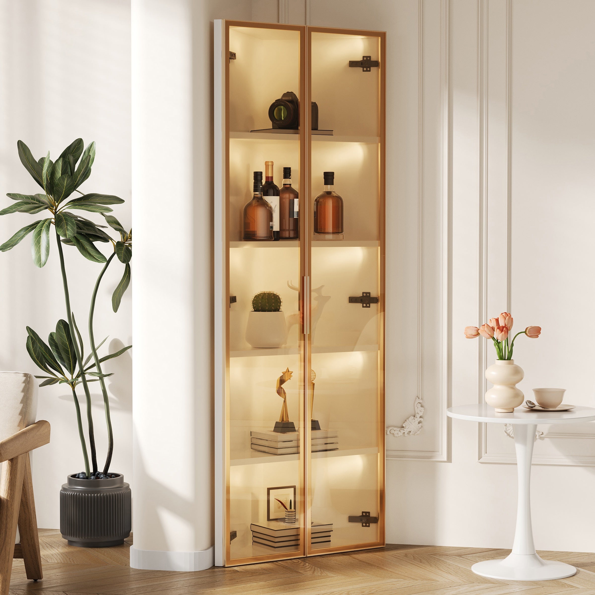 Witryna narożna 62x35x160 cm - Z oświetleniem LED - 2 drzwi ze szkła hartowanego - Konstrukcja narożna - MDF + szkło - Biały