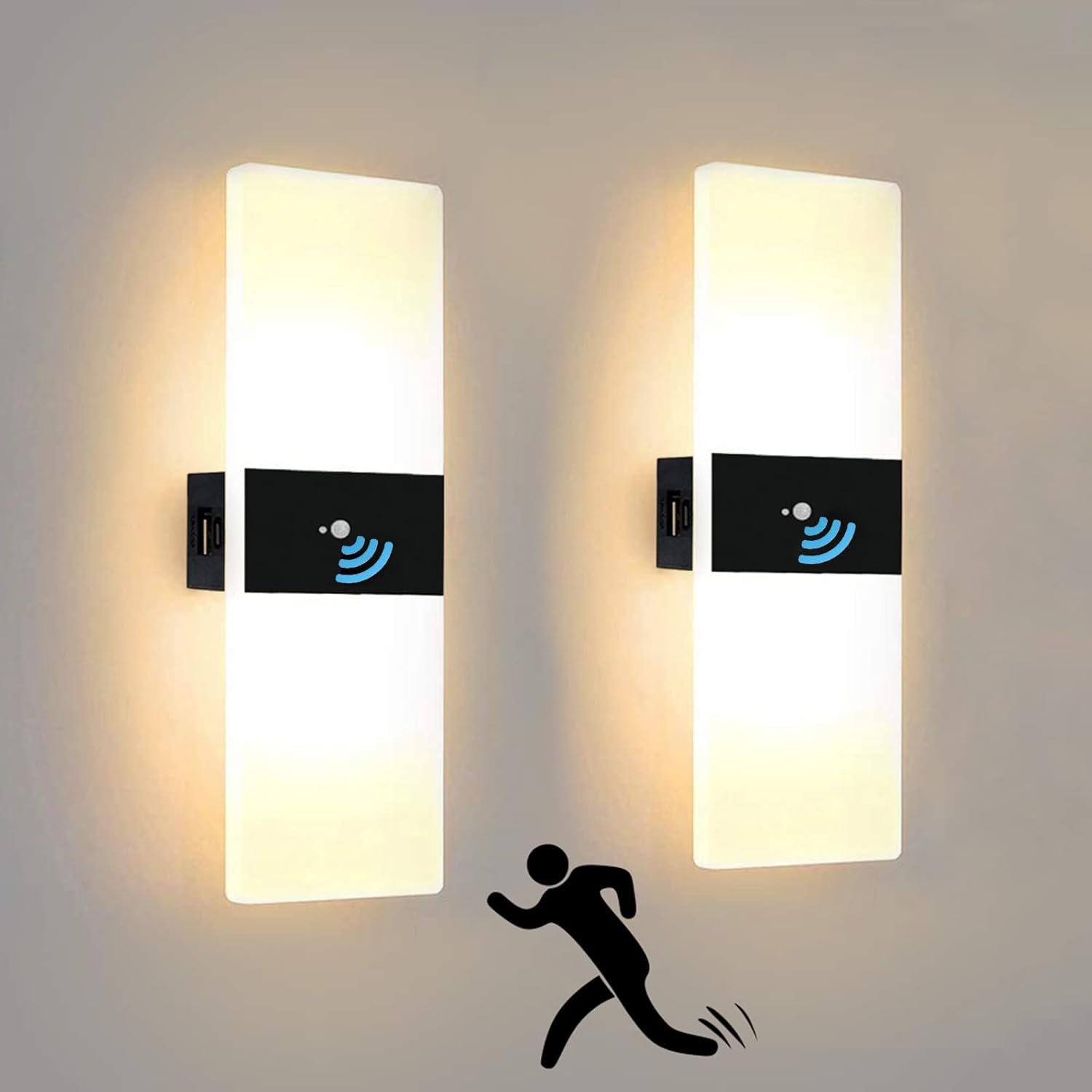 Zestaw 2 wewnętrznych lamp ściennych LED 10 W z czujnikiem ruchu, akumulatorem USB 2000 mAh, akryl i aluminium, styl