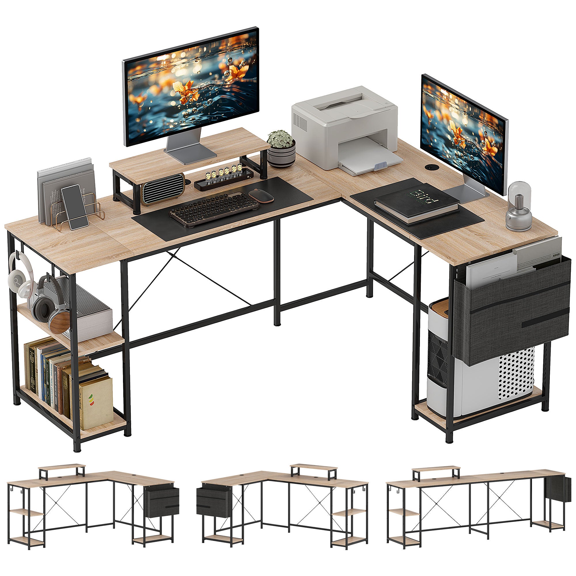 Biurko narożne modułowe rewersyjne 168-240 cm w stylu industrialnym - regulowana półka, torba do przechowywania, podstawka pod monitor