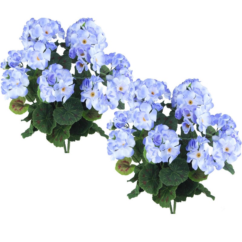 Zestaw 4 sztucznych pelargonii, bukiet sztucznych kwiatów ogrodowych na ślub, do ogrodu, do dekoracji wnętrz, niebieski