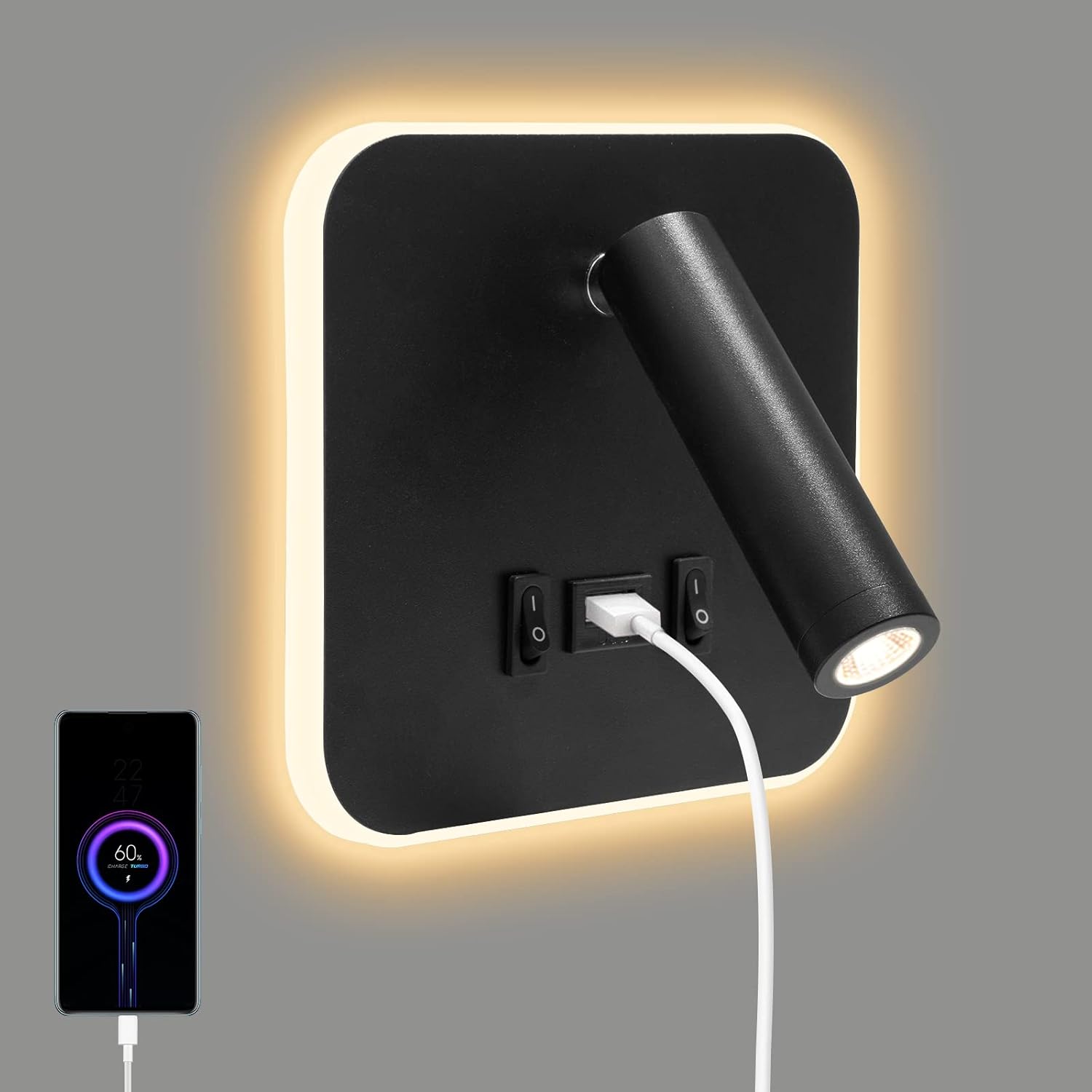 Lampka nocna, 1 sztuka, lampa ścienna LED 3W + 10W 3000K, z portem ładowania USB, odpowiednia do stosowania w sypialni.