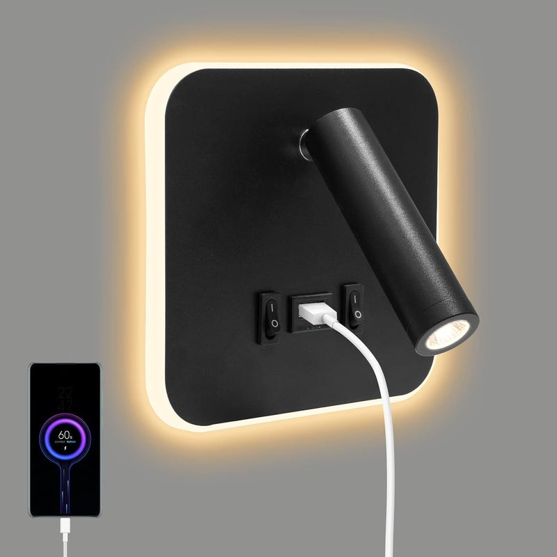 Lampka nocna, 1 sztuka, lampa ścienna LED 3W + 10W 3000K, z portem ładowania USB, odpowiednia do stosowania w sypialni.