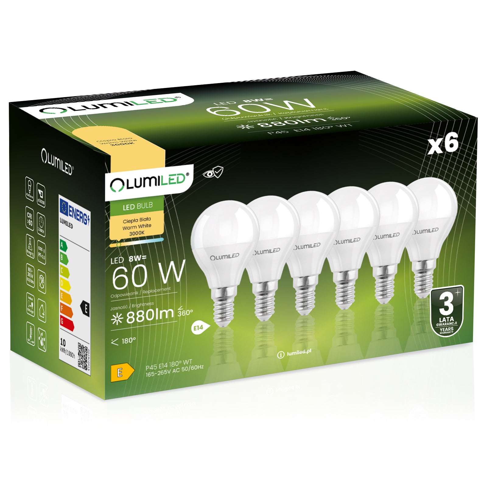 Żarówka LED Lumiled E14 Kulka P45 8W 880lm 3000K Ciepła biel 180st 6 szt.