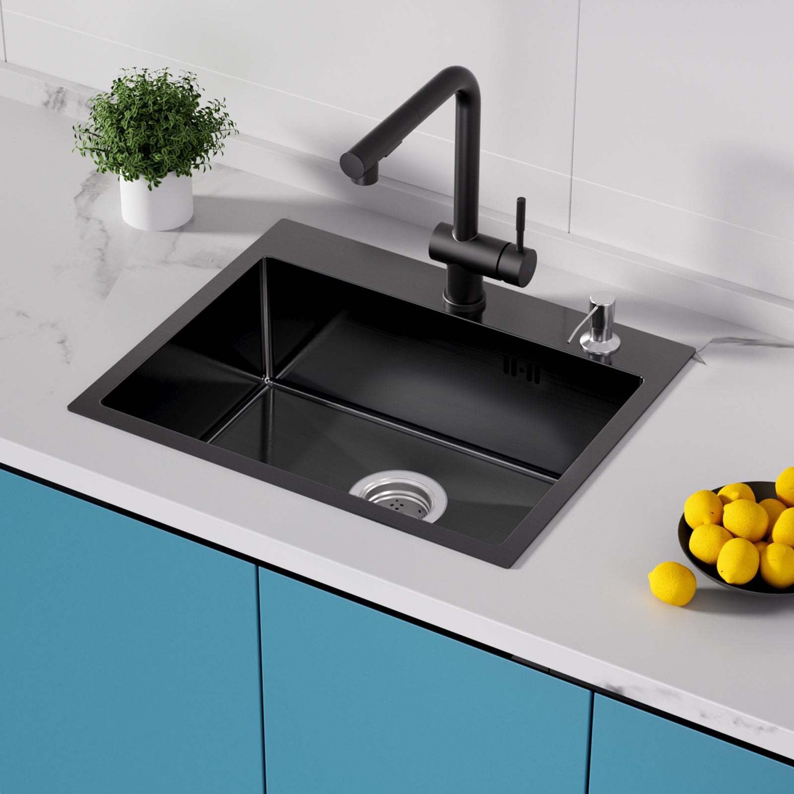 Zlew jednokomorowy Cecipa Max 55x45x19 cm z dozownikiem mydła – zlew kuchenny ze stali nierdzewnej – czarny zlew nablatowy