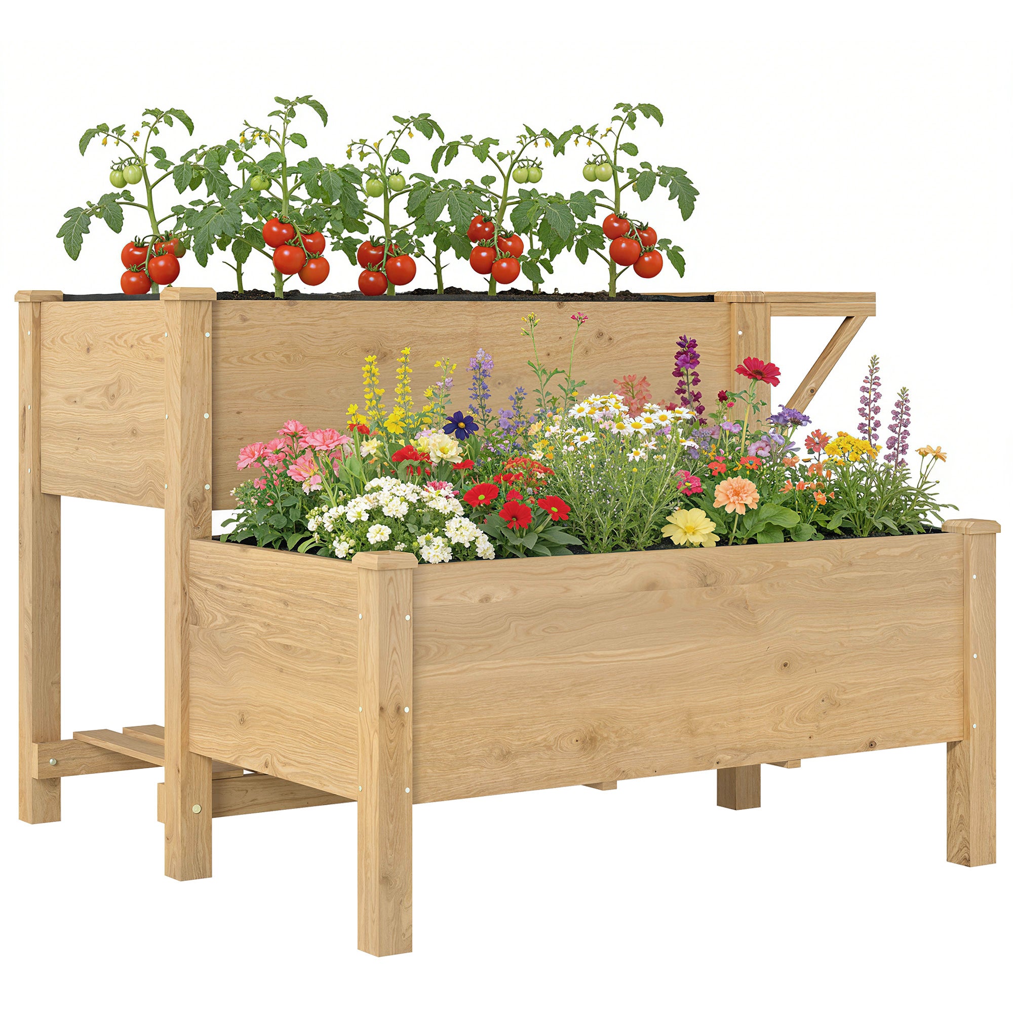 2 - Tier Podwyższona grządka ogrodowa z Drewniany Półki, 119.5x102x76.5cm, Brązowy