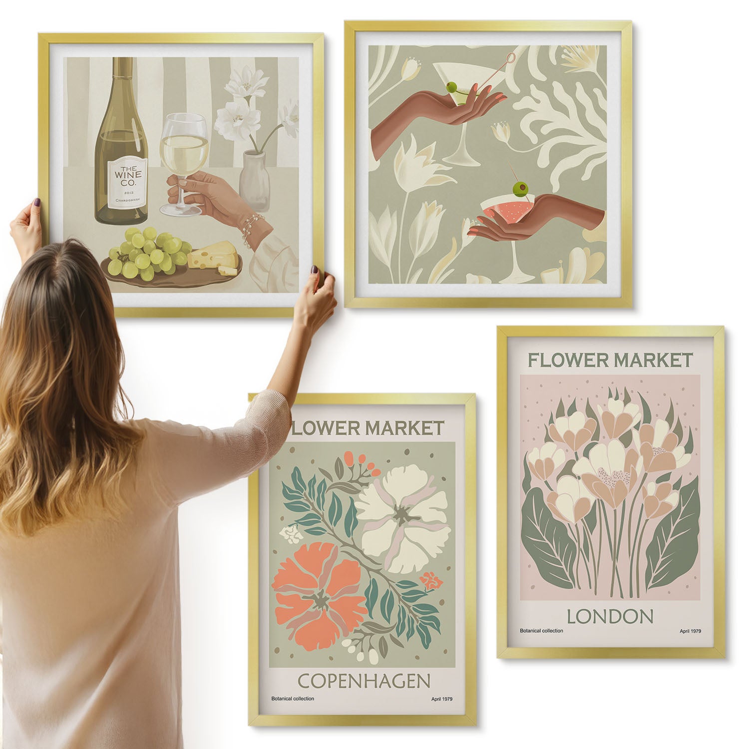 Galeria ścienna 4-częściowy komplet obrazów w złotych ramach - Kwiatowe postery wino Kopenhaga Londyn - ArtPrintCave