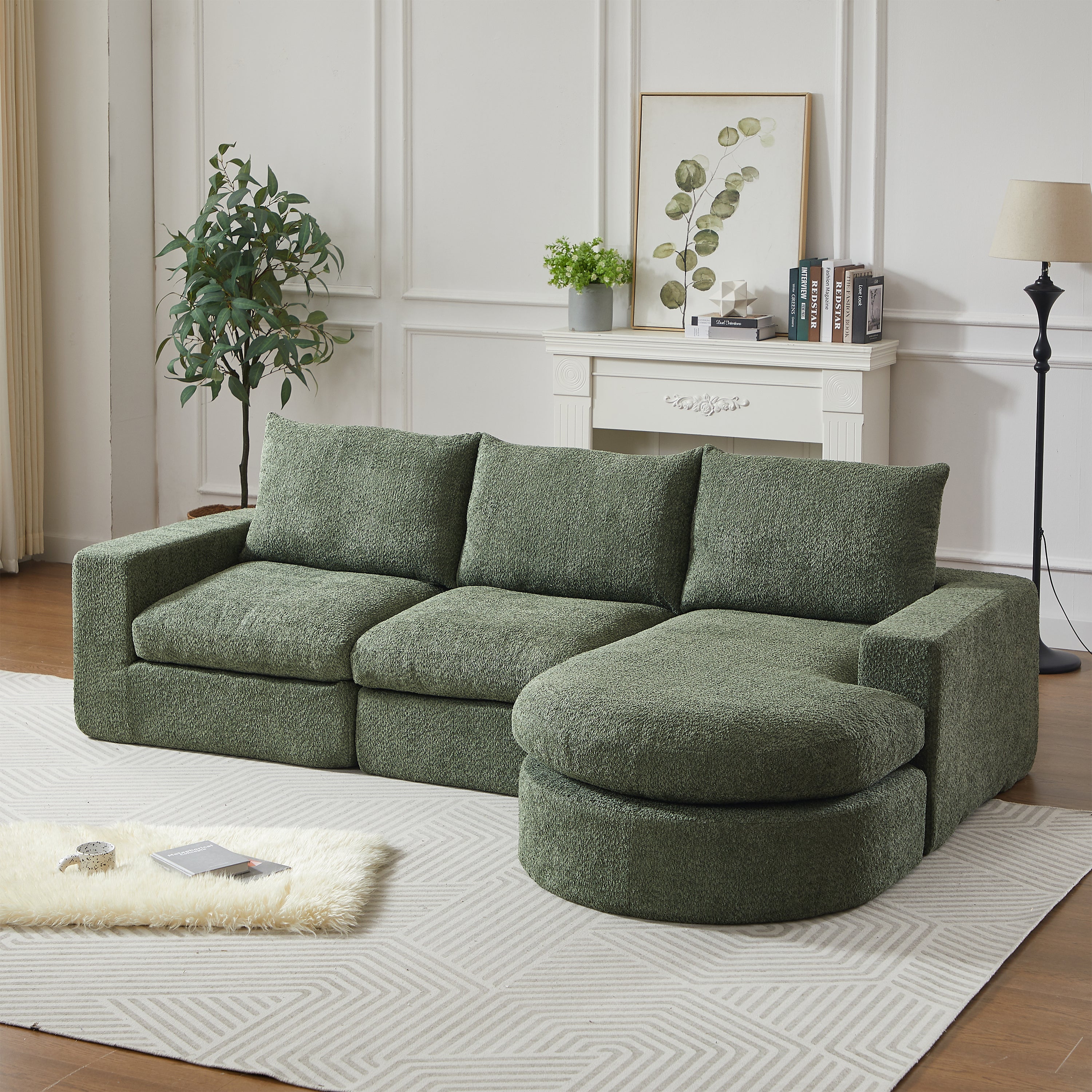 Sofa Chenille z zakrzywionymi sekcjami i rozkładanym fotelem, w pełni skompresowana i bezramowa, modułowa sofa kombinowana L z rozkładanym fotelem