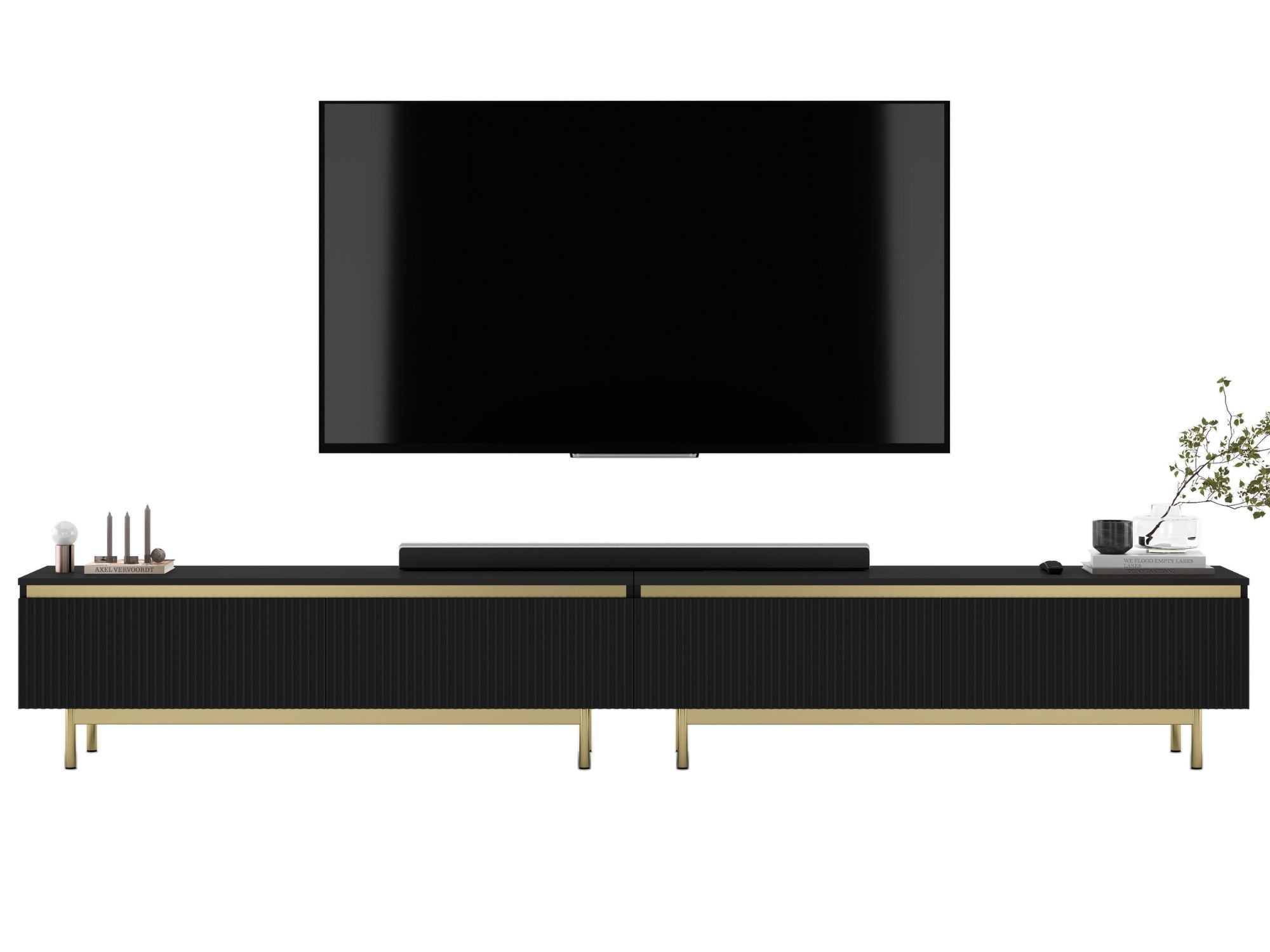 Nowoczesna szafka RTV Glamour 280 cm czarny mat, metalowe ramy, elegancka komoda RTV do salonu