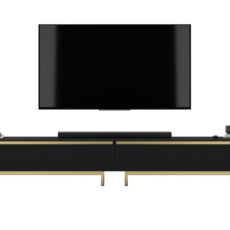 Nowoczesna szafka RTV Glamour 280 cm czarny mat, metalowe ramy, elegancka komoda RTV do salonu