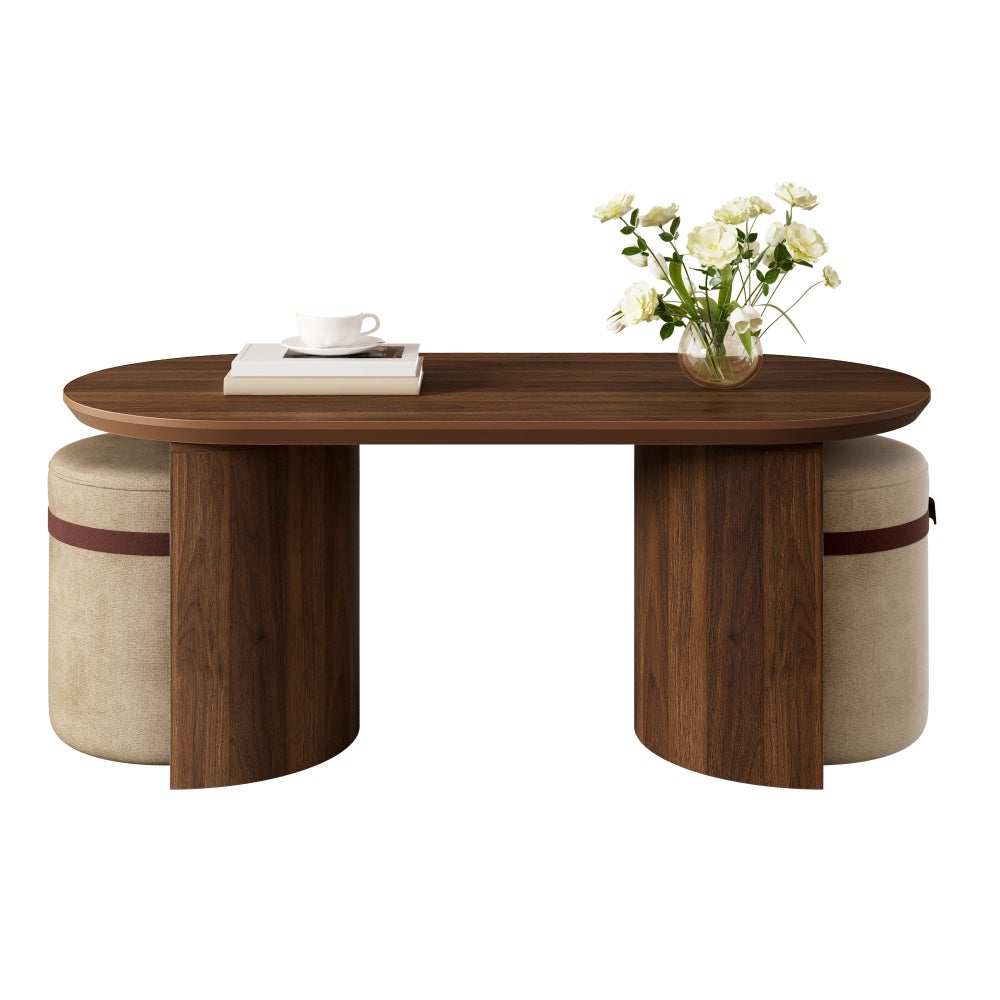 Nowoczesny owalny stolik kawowy do salonu z 2 tapicerowanymi pufami MDF sosna orzech 108 x 50 x 44 cm