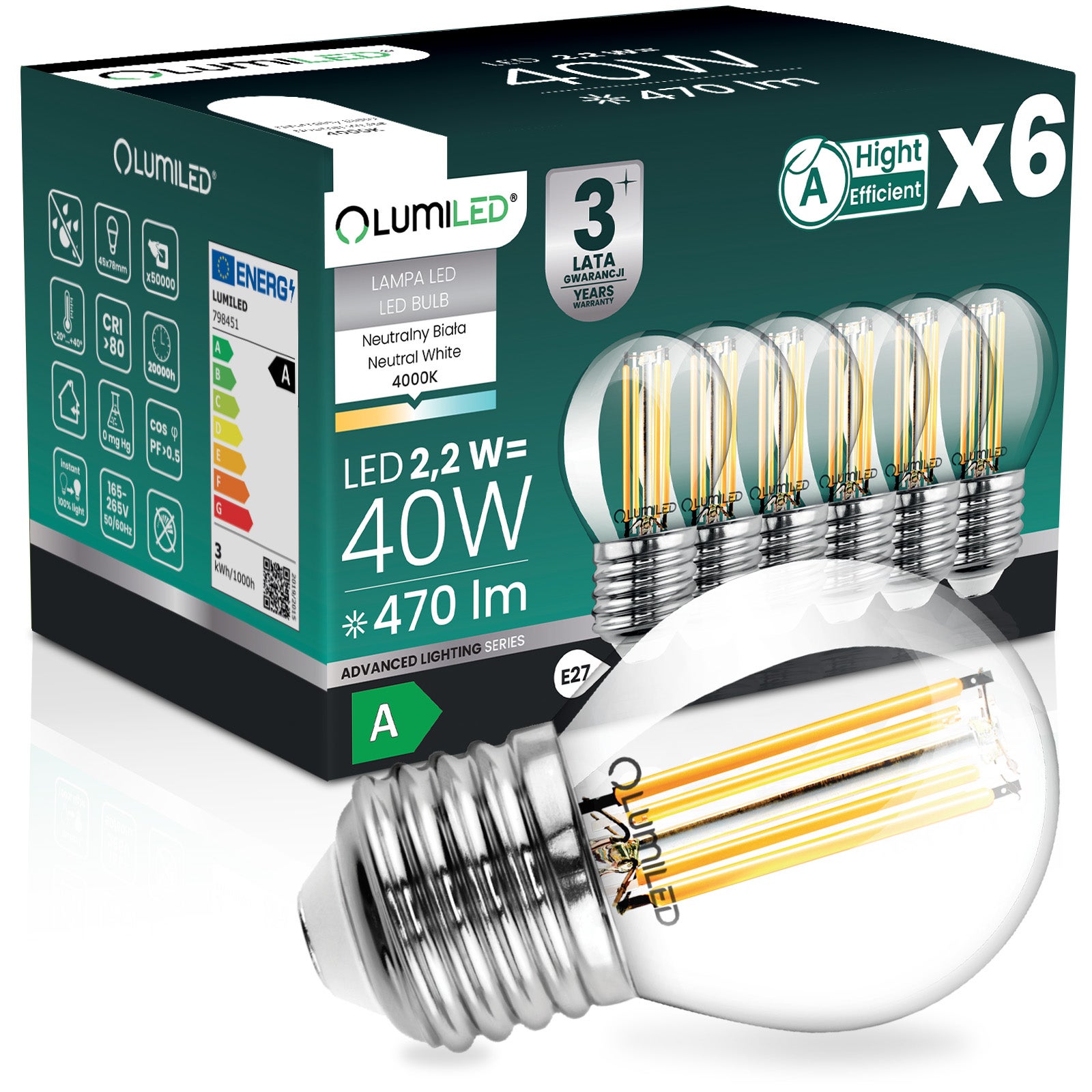 Żarówka LED Lumiled E27 Kulka P45 2.2W 470lm 4000K Neutralna biel 360st Filament KLASA A 6 szt.