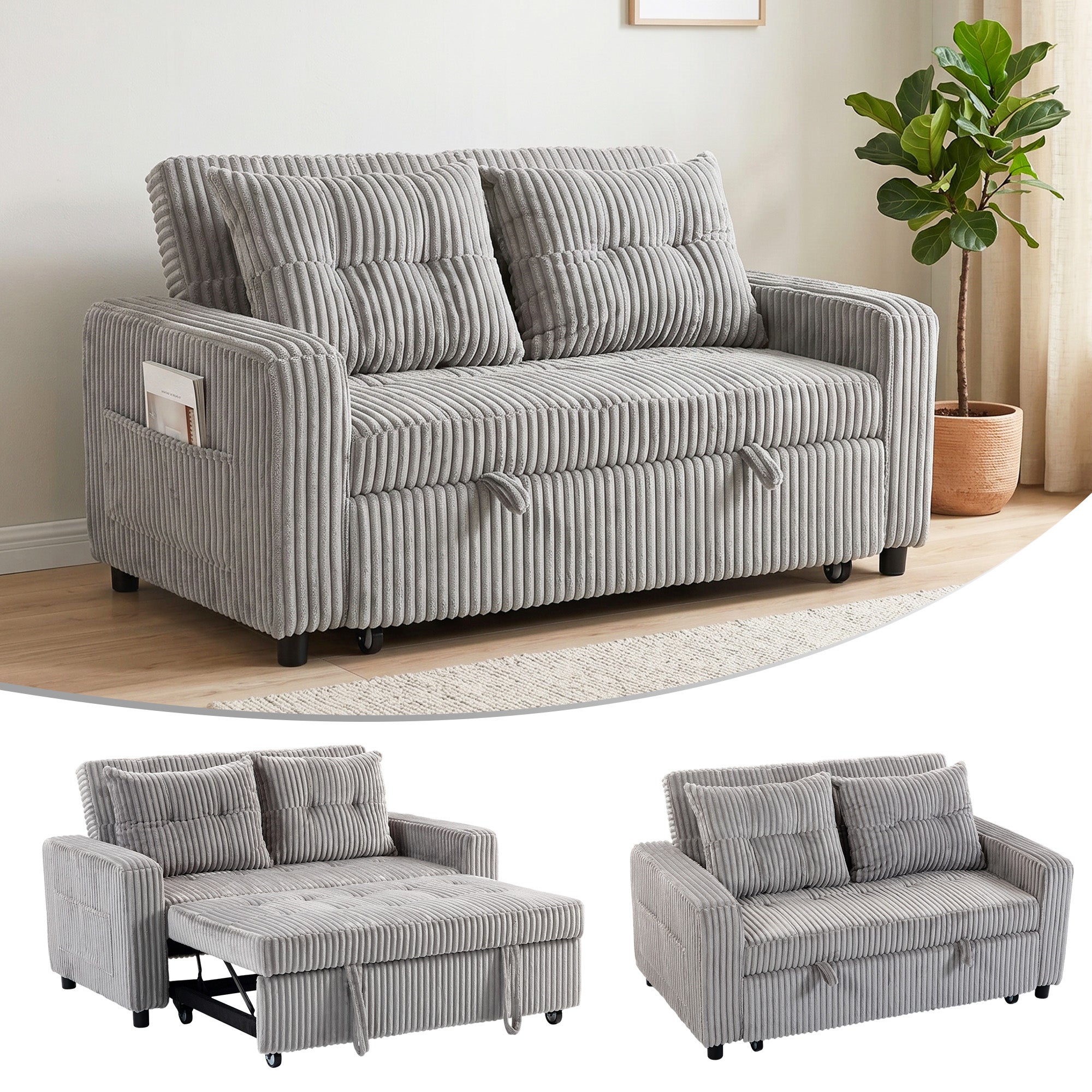 Sofa 2-osobowa rozkładana, tapicerka sztruksowa, możliwość rozłożenia do spania, 2 poduszki, kieszenie boczne, 157 x 190 cm, kolor jasnoszary