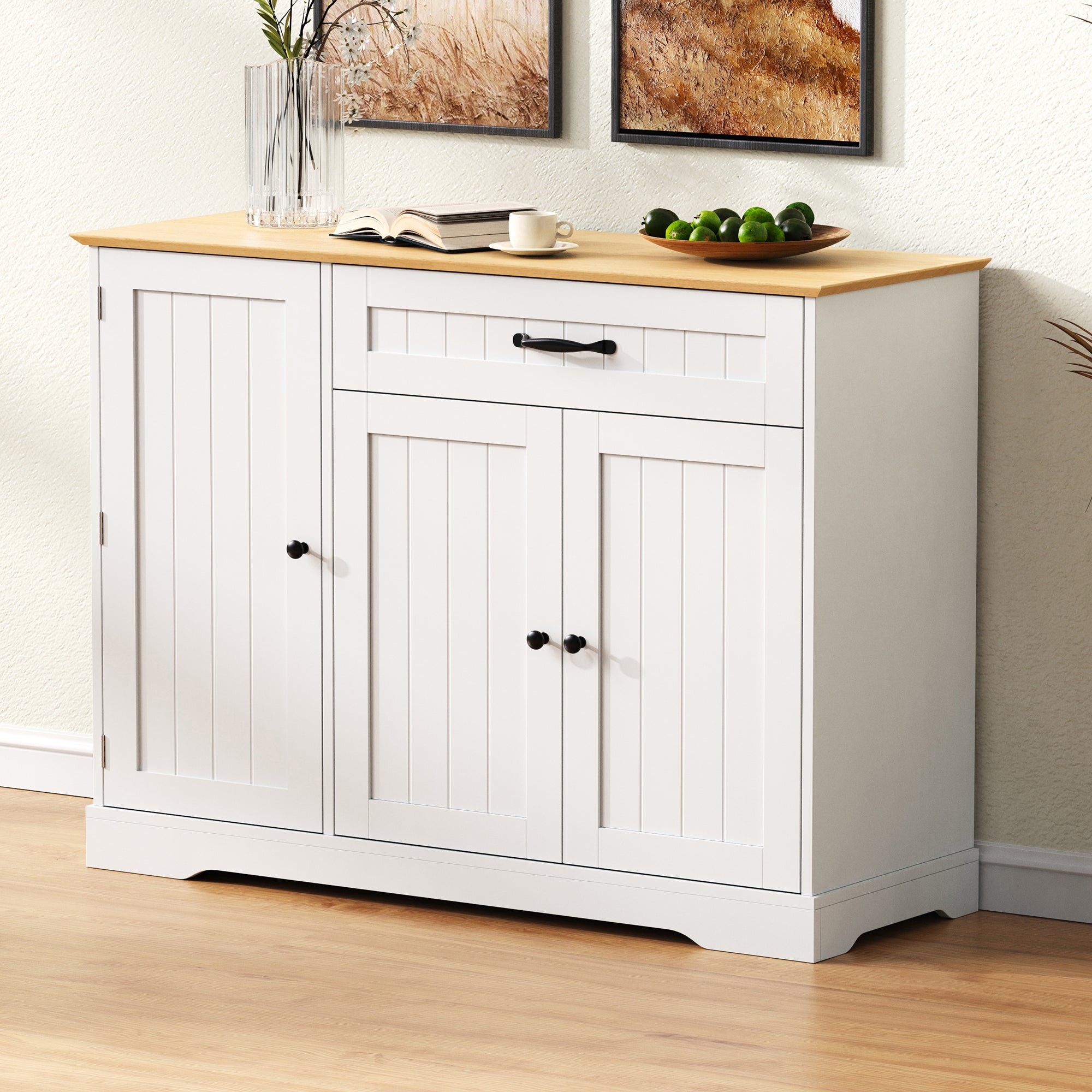 Nowoczesny buffet 107x40x83.4cm - z 3 frontami i 1 szufladą - z regulowanymi półkami - Biały + Kolor naturalny