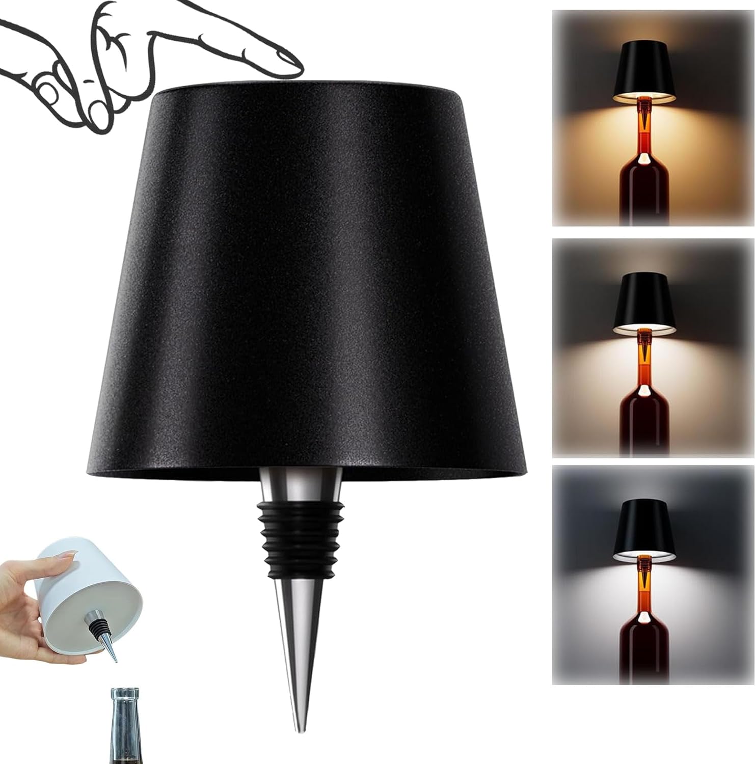Bezprzewodowa lampka na butelkę, 3 kolory, płynnie regulowana jasność, ładowalna lampa LED, bezprzewodowy klosz (czarny).