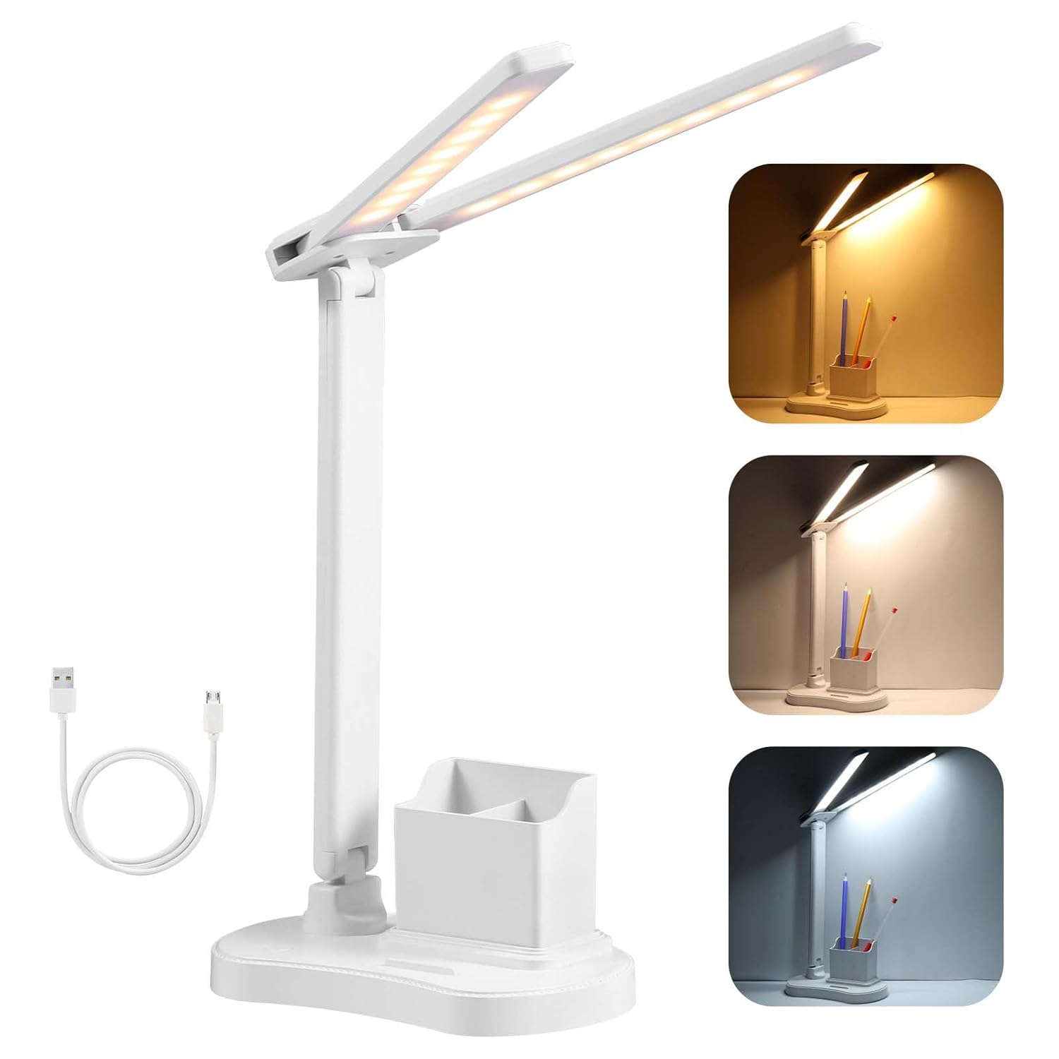 Lampka biurkowa LED, 3 poziomy jasności, 3 kolory, ochrona oczu, zasilanie przez USB-C, przenośna, składana, sterowanie dotykowe, ściemnialna, dla dzi