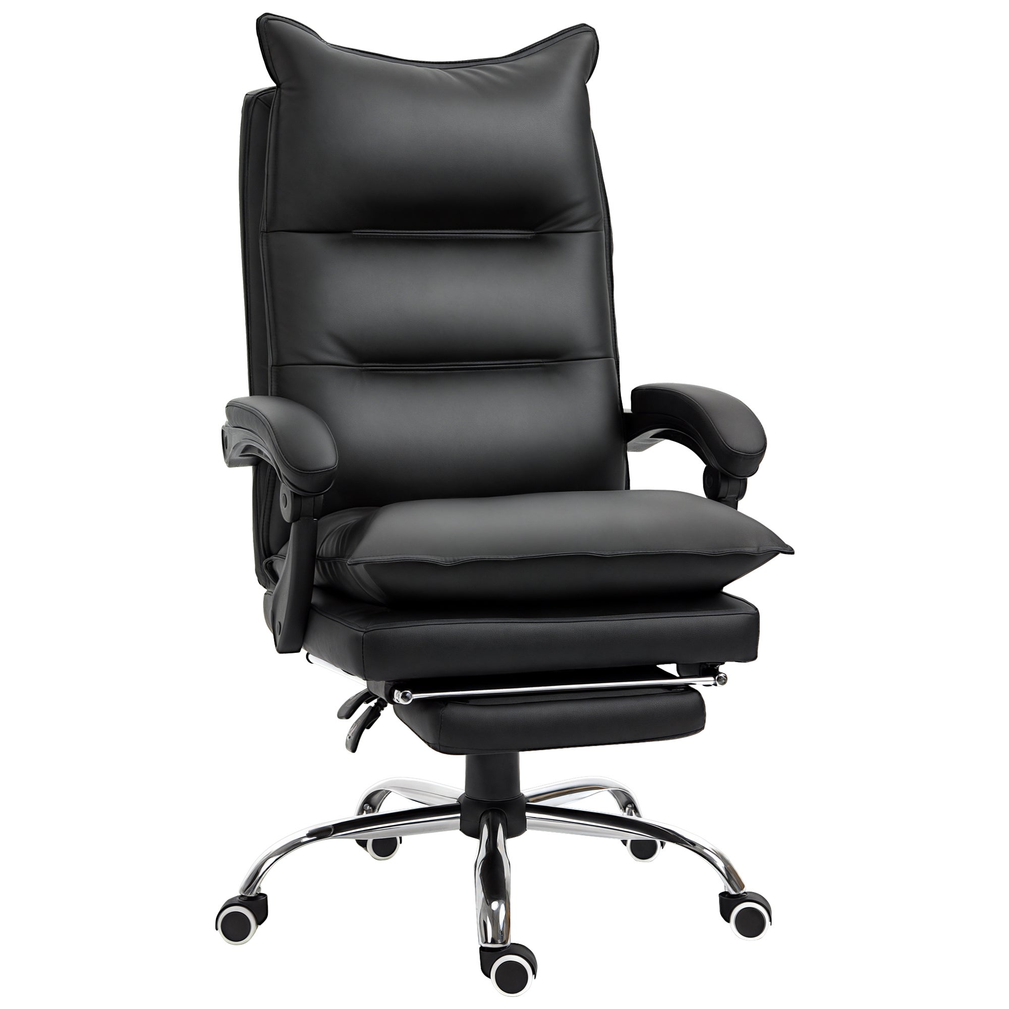 Ergonomiczny fotel biurowy z podłokietnikami i podnóżkiem, obrotowy i regulowany na wysokość, pokryty czarną skórą ekologiczną.